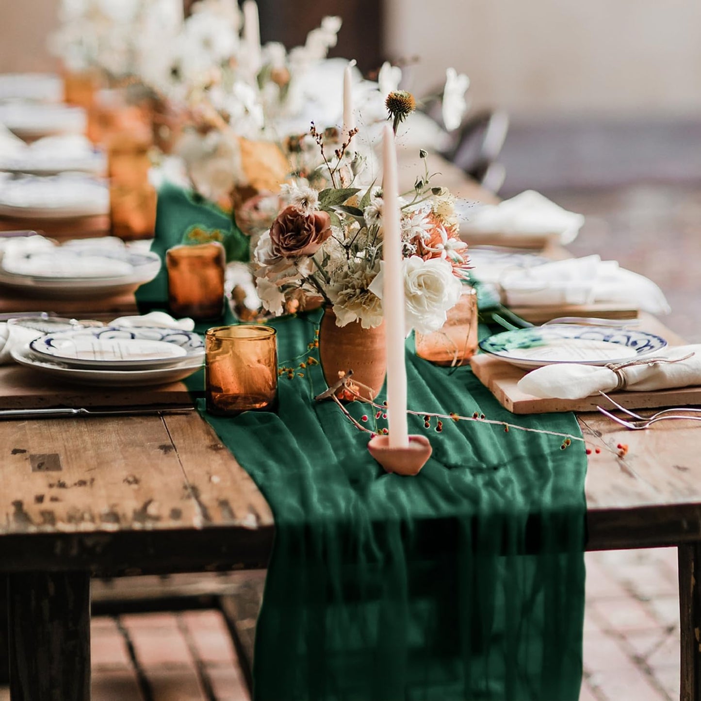 Hahuho Emerald Green Cheesecloth Table Runner 10ft, Gauze Boho Rustic Table Runners for Wedding Birthday Party Baby Shower Decorations（6 Pack , 35x120 Inches）