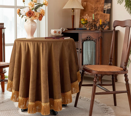 F-CHU Camel Tablecloth Thickset Velvet Tablecloth with Beautiful Gold Tassels Vintage Table Cloth for Home Decor Wedding, Party, Banquet and Events 70" Round