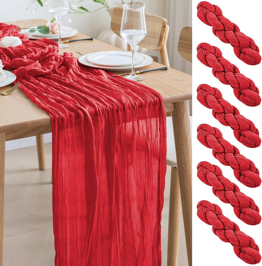 Asee'm 6PCS Fall Table Runner Cheesecloth 10FT Red Boho Gauze Fabric Rustic Sheer Cheese Cloth Runners for Thanksgiving Christmas Wedding Bridal Shower Party