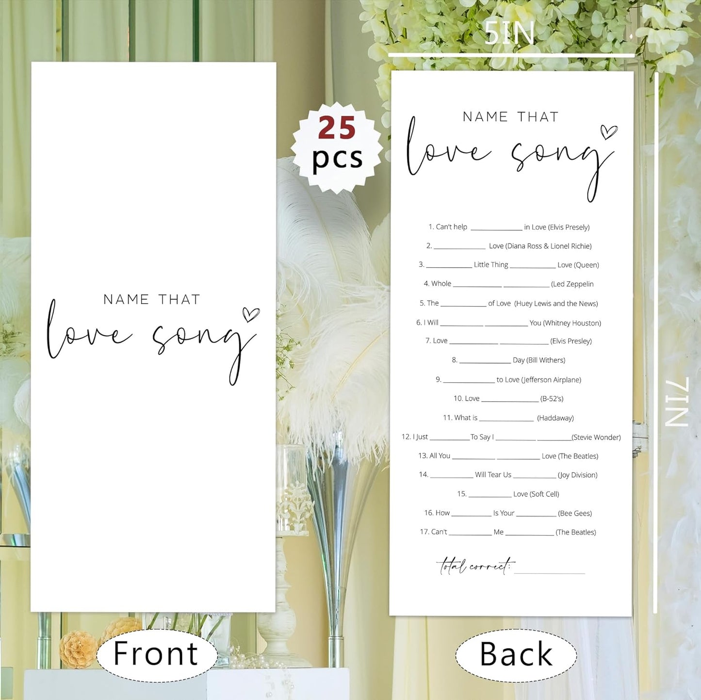 Bridal Shower Games, Name that Love Song, 25Pcs 4x9inch Minimalist White Double-Sided Bridal Game Cards with 1 Answer Key, Wedding Shower Games for Guests, Engagement Bachelorette Party Supplies - A06