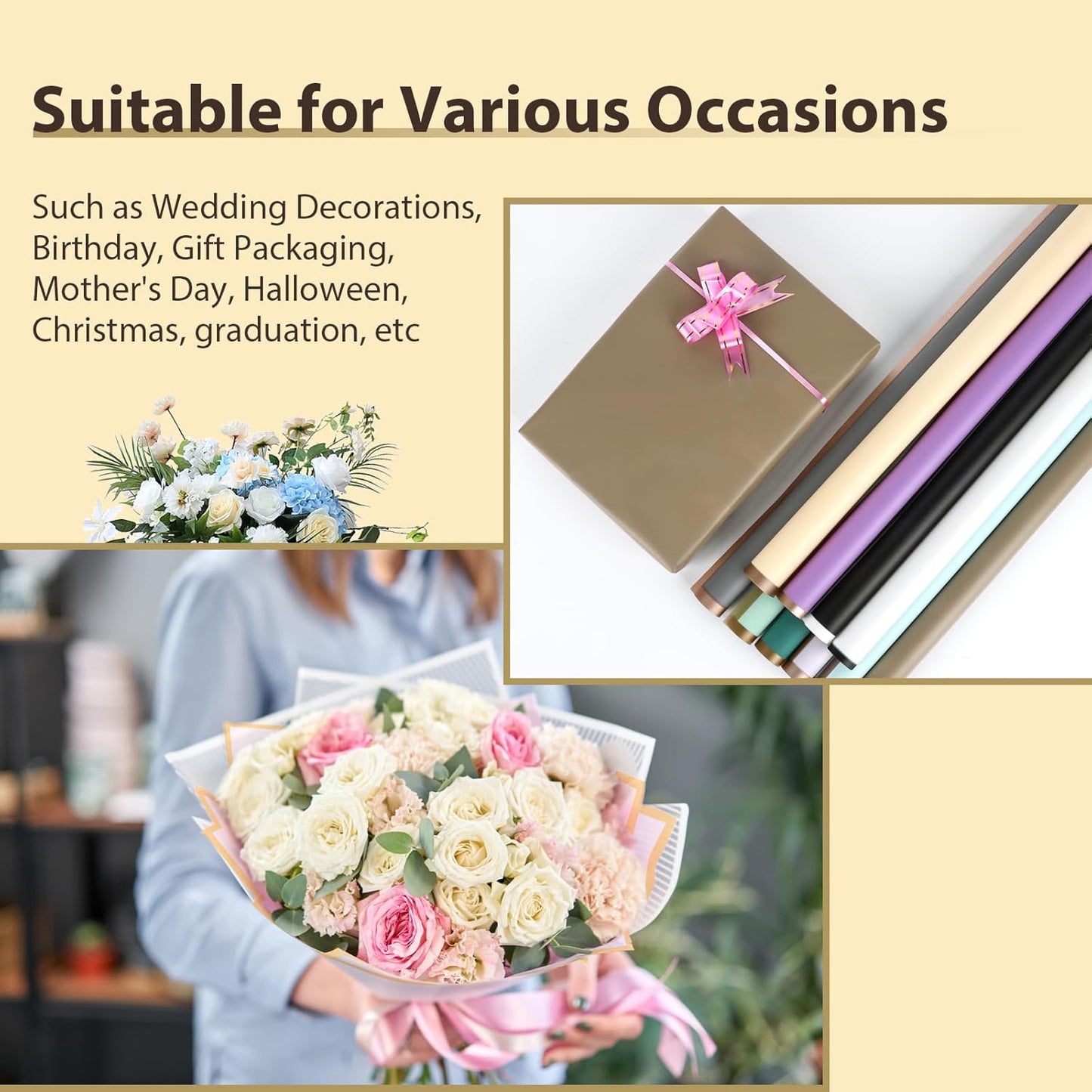 NESCCI 20 Sheet Flower Wrapping Paper - Waterproof Floral Bouquet Wrapping Paper, Florist Supplies Packaging Paper for Wedding Birthday Gift DIY (Light yellow)