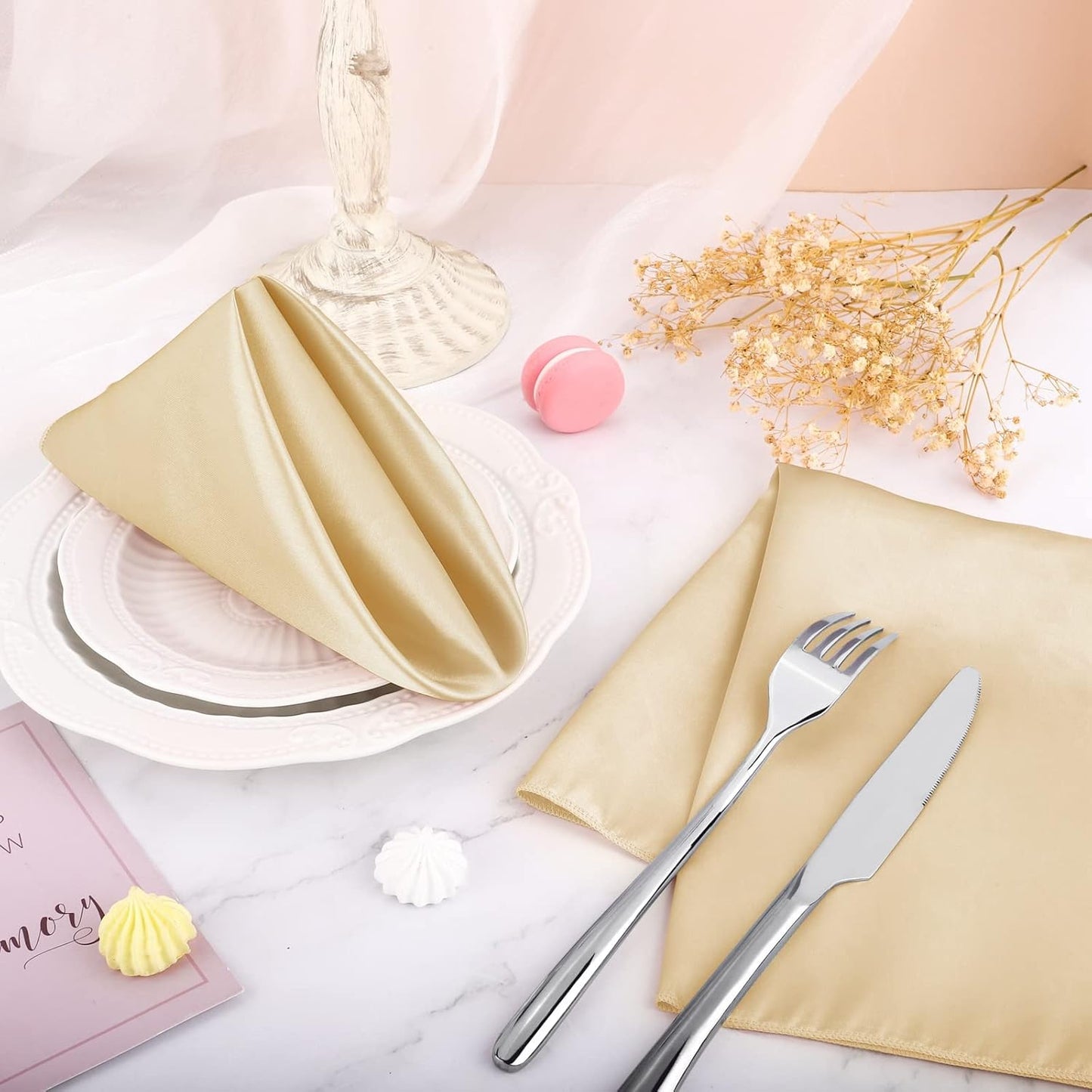 Aneco 16 Pack Square Satin Napkin Bright Silk Table Napkin Soft Smooth Fabric Table Napkin for Wedding Banquet Party Decoration, Champagne, 17 x 17 Inch