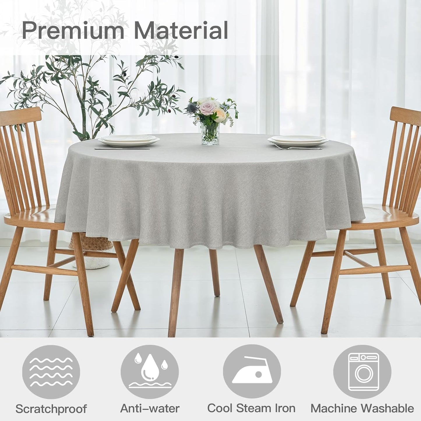 maxmill Linen Textured Tablecloth Spill-Proof Stainproof Wrinkle Free Washable Fabric Table Cloth for Circular Table Cover, Dining Room Buffet Banquet Party Holiday Dinner, Round 70 Inch Light Grey