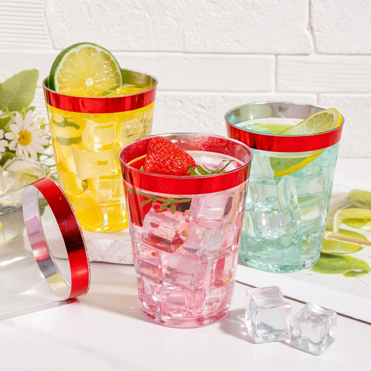 DaYammi 100 Pack Red Plastic Cups 10 Oz Clear Red Rimmed Plastic Cups for Party Fancy Disposable Cup for Wedding Disposable Glasses Clear Tumblers with Rim for Birthday Elegant Wine Cocktail Cup