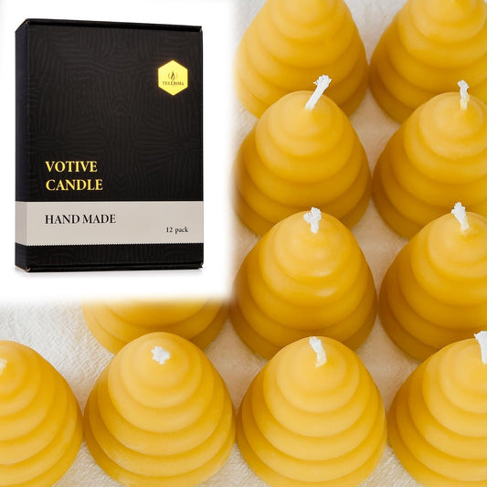 Pack of 12 Beeswax Votive Candles - Beehive Shape Novelty Candle, Perfect Thank You Gift for Mom & Wife or Guest Gifts for Baby Shower bee Theme - Yellow