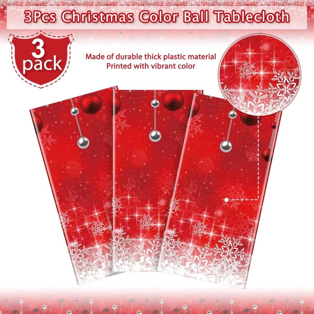 3Pieces Merry Christmas Tablecloth Plastic Christmas Tree Ball Table Cover Rectangle Winter Snowflake Tablecloth for Merry Christmas Holiday New Year Eve Party Decorations Supplies,54x108inch