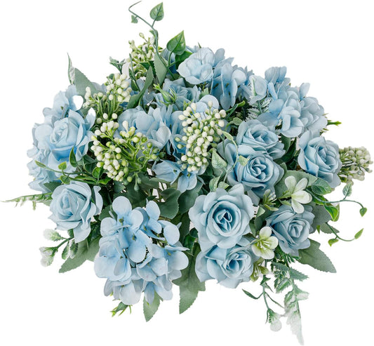 Artificial Flower 5 Branches Artificial Silk Fake Flowers Bouquet Small Roses for Wedding Home Office Tables Decor 2 Packs 4 Packs(Light Blue)