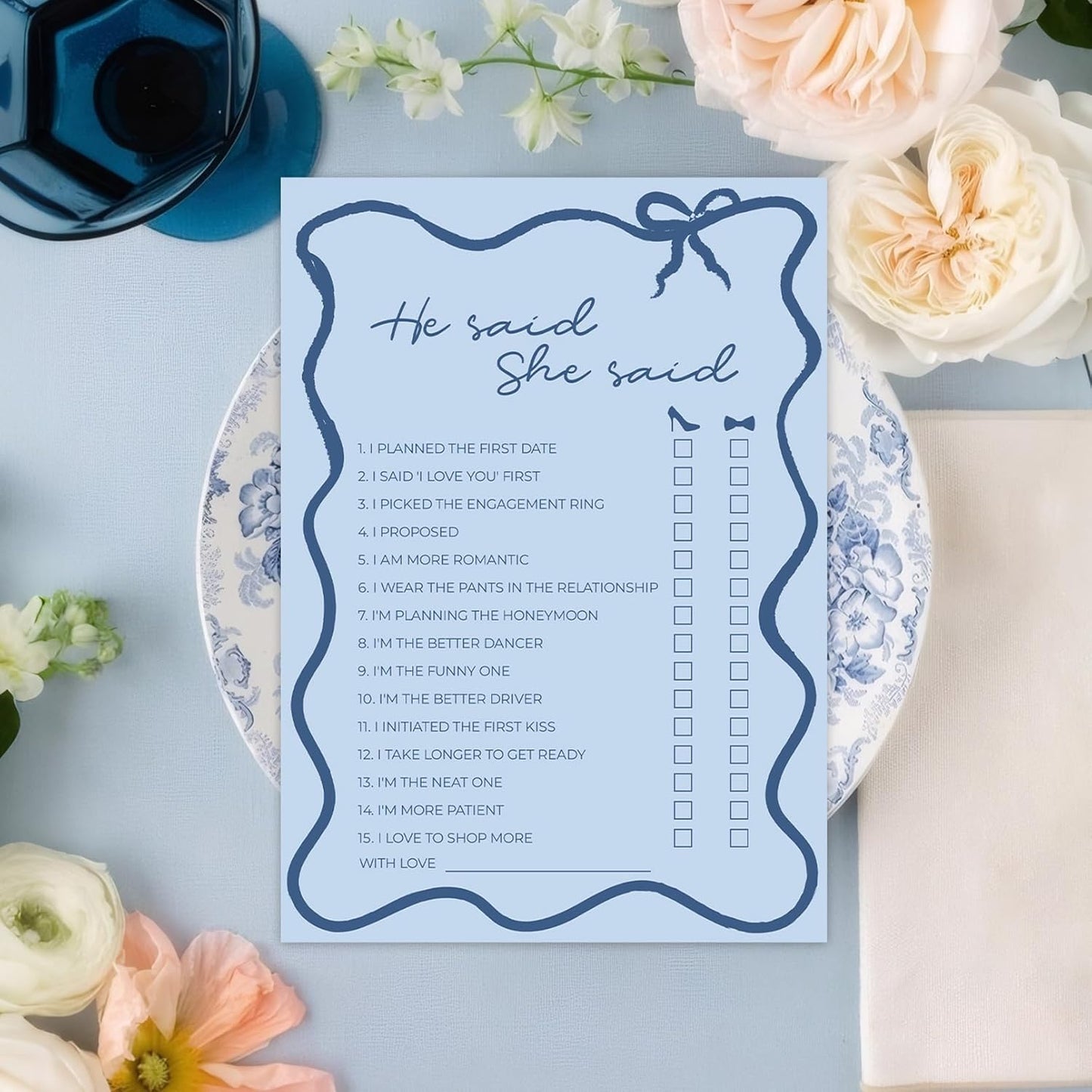 DEEKA 30 PCS Bridal Shower Games Card for 30 Guests Blue Wavy Border Ribbon Bow Funny Wedding Bachelorette Party Games for Reception (He Said She Said)