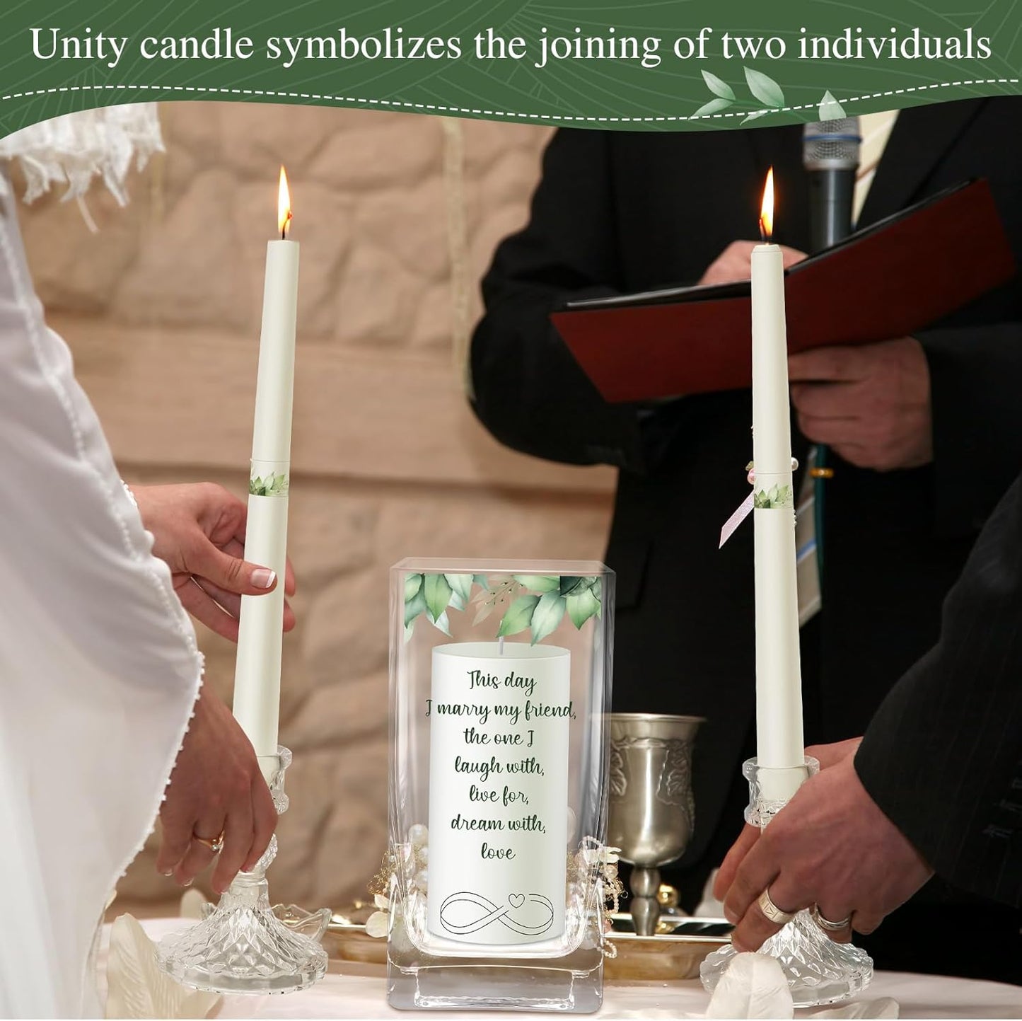 Unity Wedding Candles with Holder Wedding Ceremony Unity Candles Set Catholic Religious Accessories Large Decorative Glass Holder Taper for Church(Green Leaf)