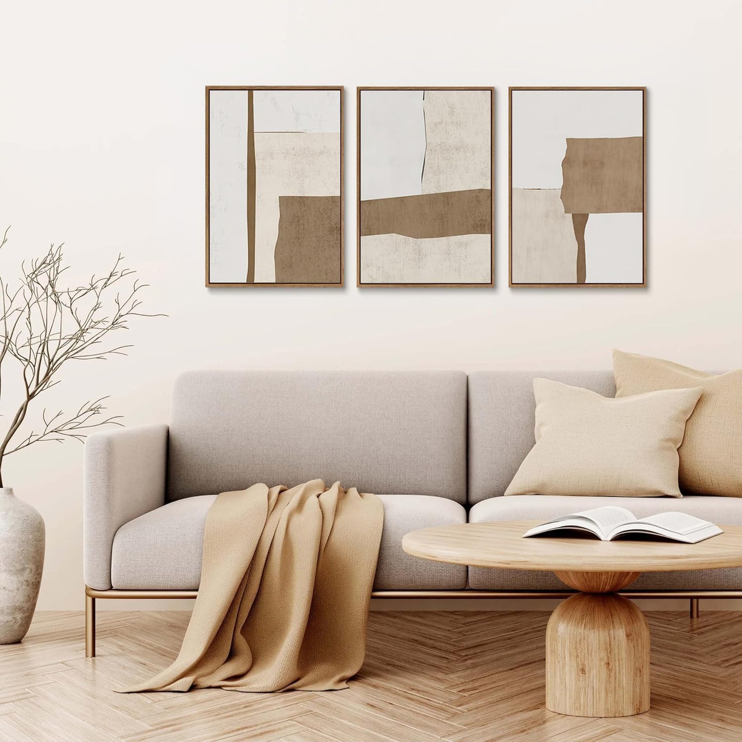 myusuar 3 Piece Large Modern Abstract Canvas Framed Wall Art For Living Room, Brown And Beige Block Minimalist Wall Art Decor Posters Prints For Bedroom Office, 24x36in