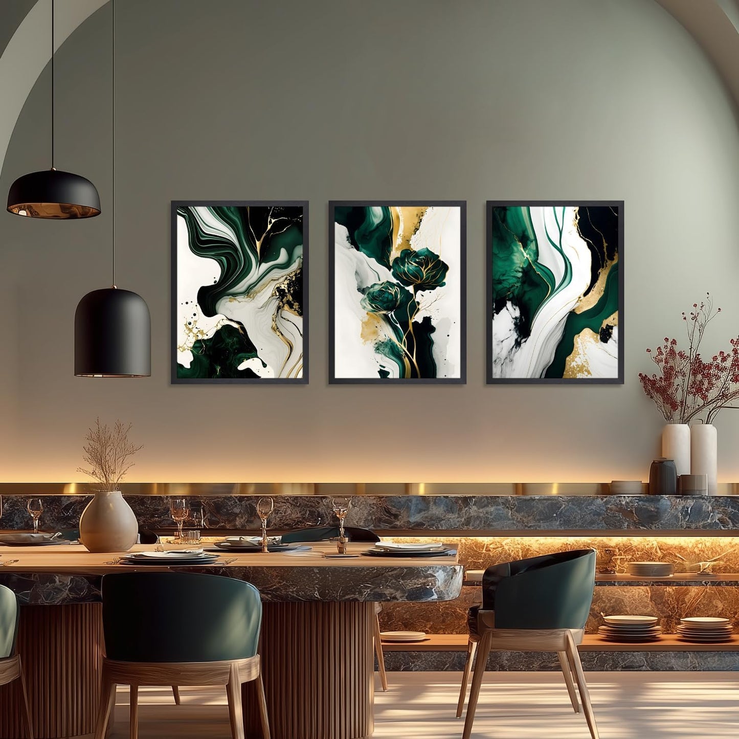 IAFWZX Wood Framed Green Gold Abstract Wall Art, Emerald Marble Textured Wall Decor, Contemporary Line Flower Canvas Paintings, Abstract Floral Poster Prints for Living Room Bedroom Office 16"x24"x3