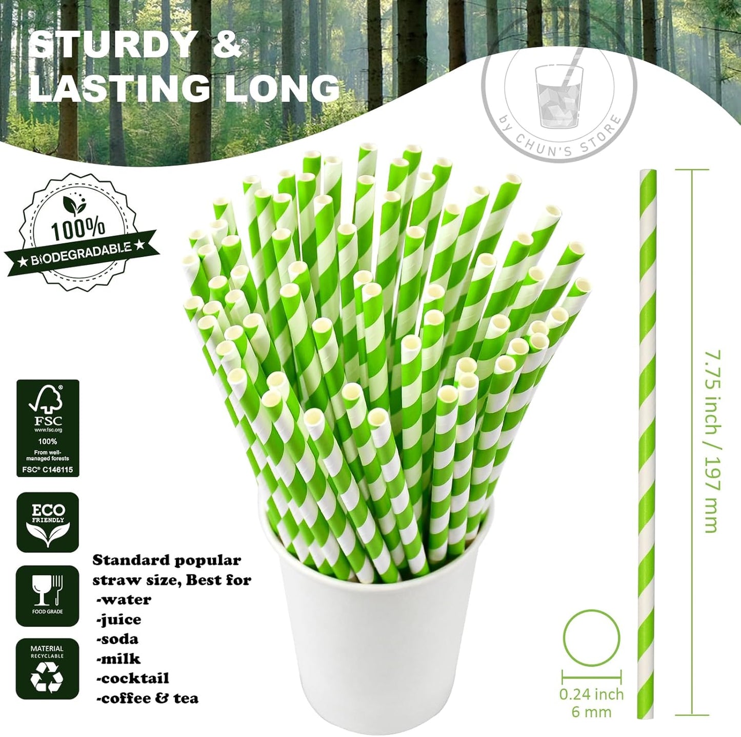 [1000 Count] 7.75 Inch Green/White Striped Paper Drinking Straws Bulk, 100% Biodegradable