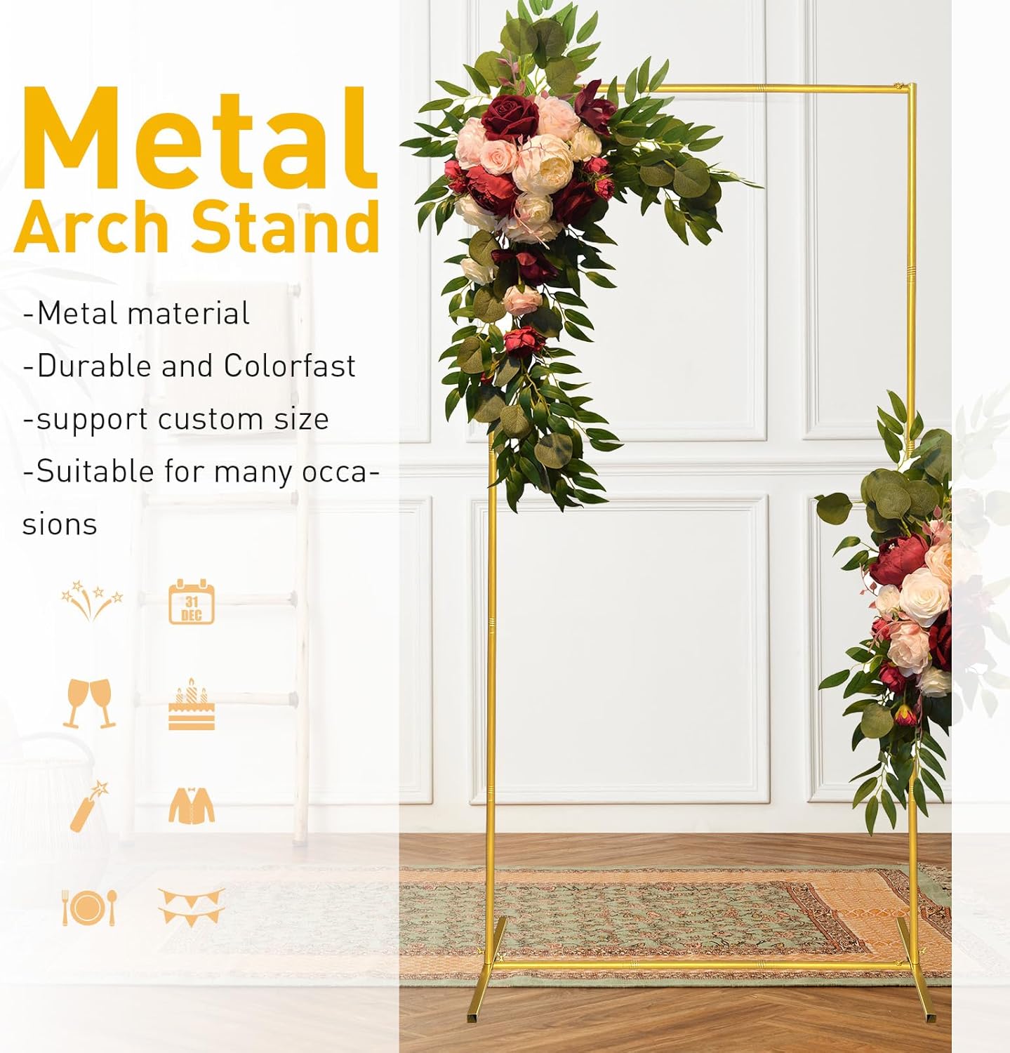 Metal Wedding Arch Backdrop Stand 6.6x5 FT Gold Square Balloon Arch Frame for Wedding, Birthday Party, Baby Shower Ceremony Decoration
