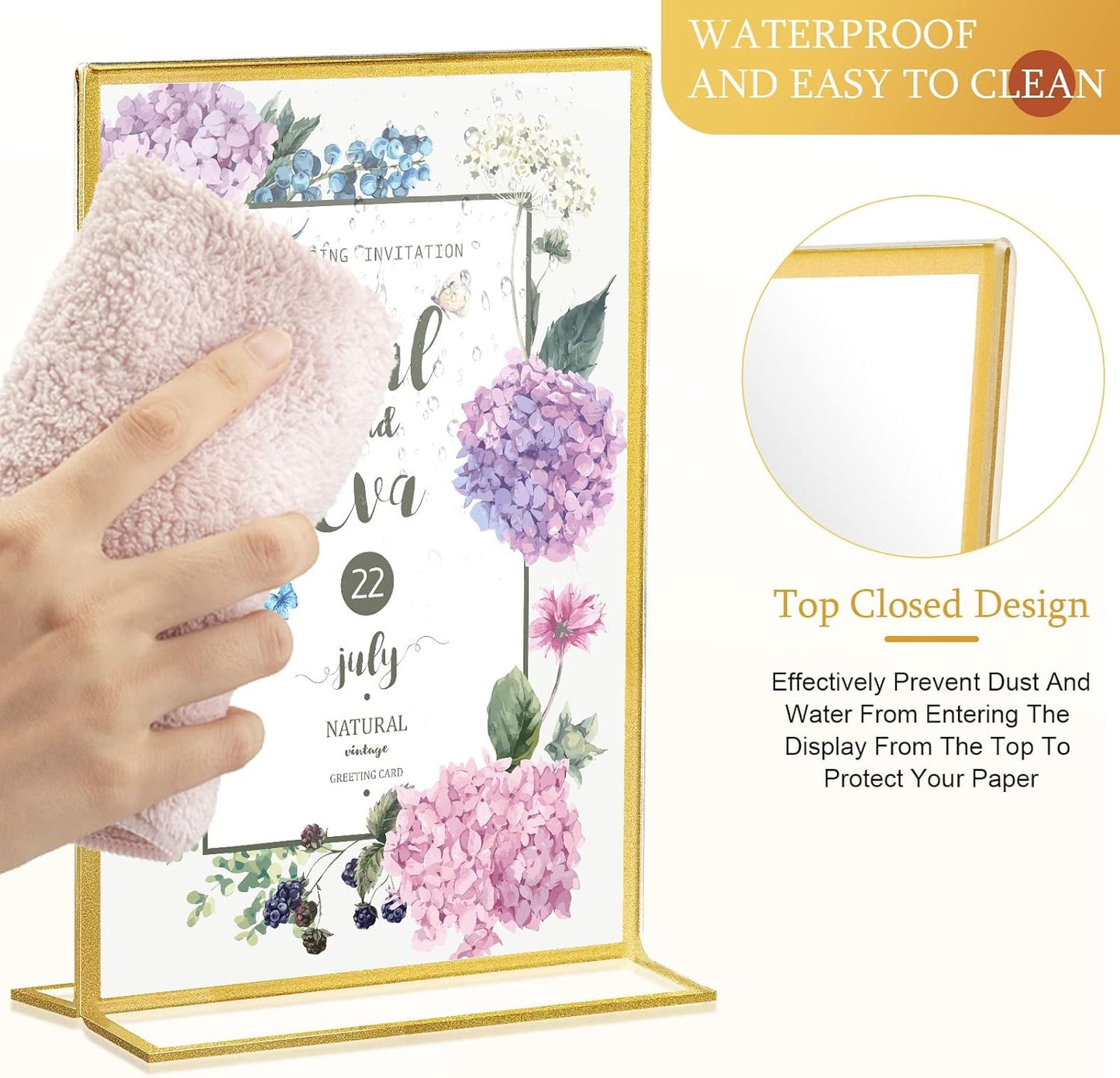 Hoteam 24 Pack 5 x 7/7 x 5 Clear Acrylic Sign Holder with Gold Border, Gold Picture Frame, Double Sided Wedding Table Number, Acrylic Menu Stands for Wedding Table, Restaurant Sign, Photos Display