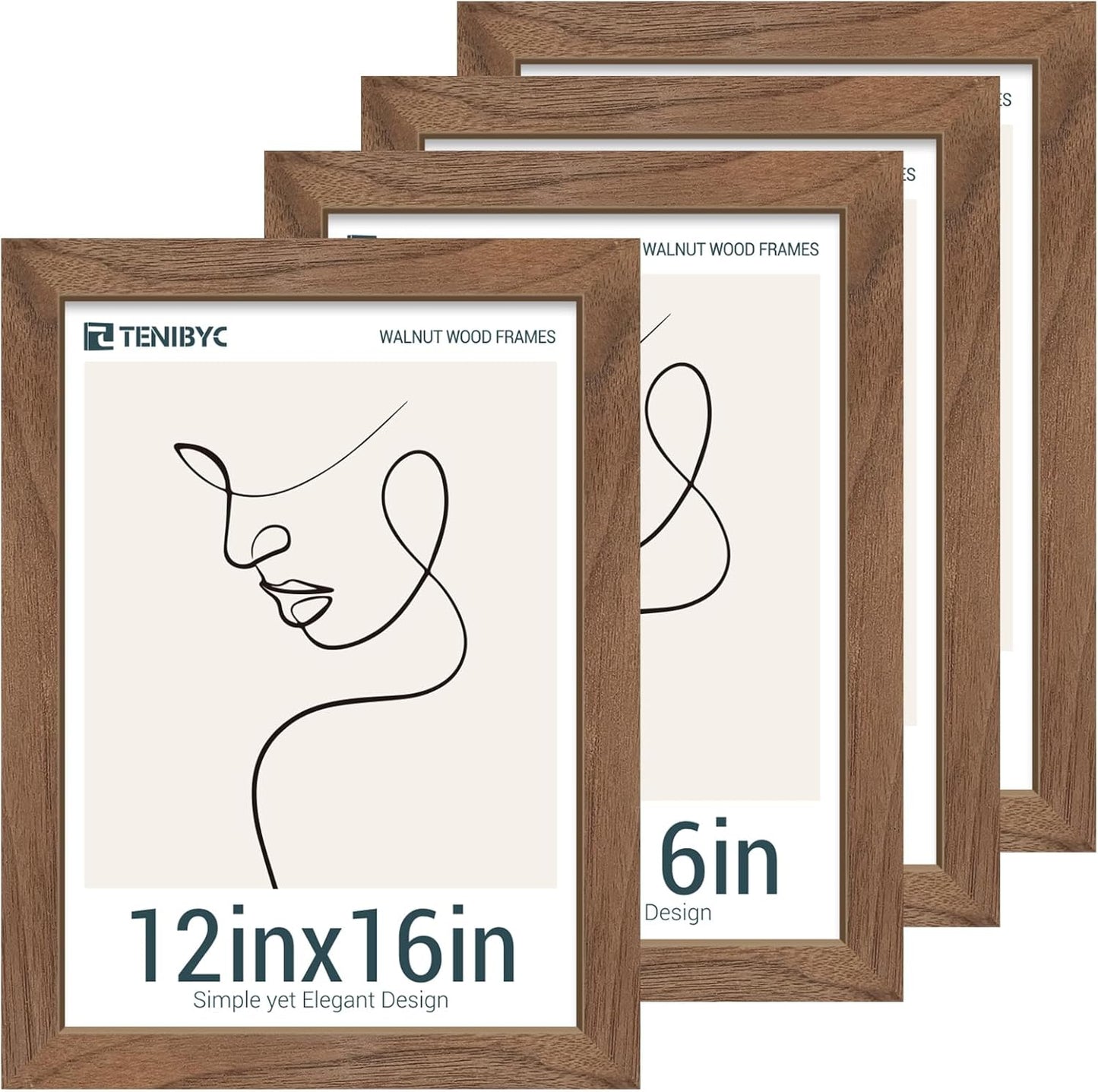 12x16 Frame 4 Pack - Brown Walnut, Natural Woodgrain, HD Tempered Glass, Picture Frame for Wall