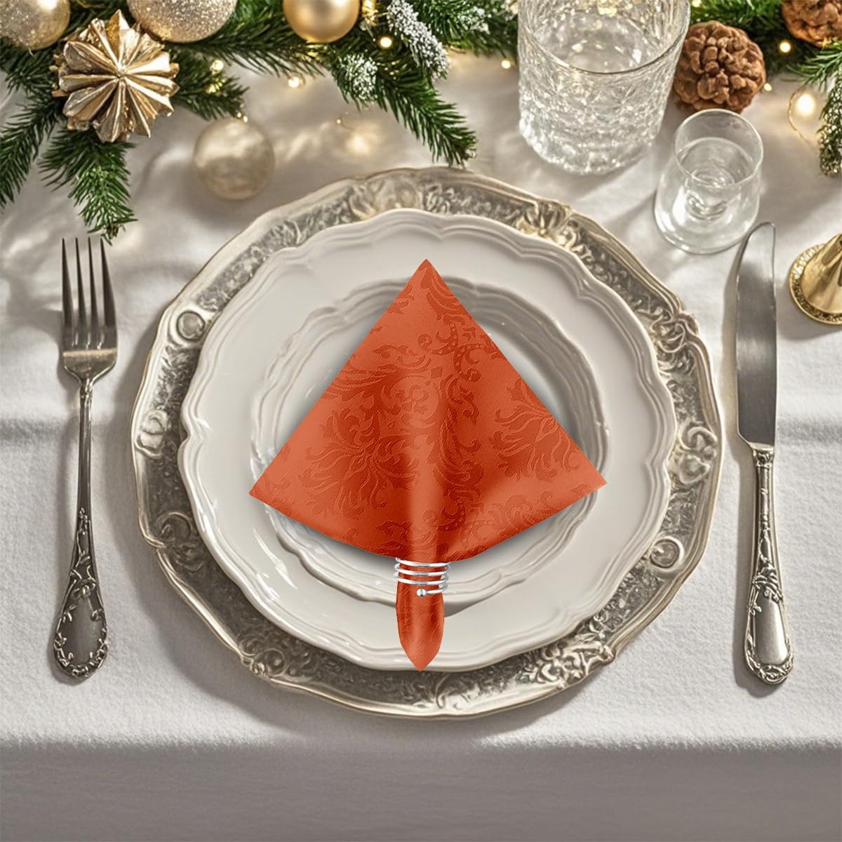 SASTYBALE Rust Jacquard Square Napkin, Damask Wrinkle Free Soft Polyester Napkins, Thanksgiving Fabric Cloth Napkins for Christmas, Wedding,Holiday, Party, Dinners, Set of 4 (Rust, 20X20 inch Napkin)