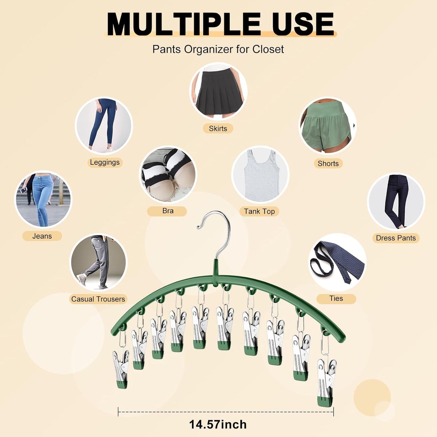Legging Organizer for Closet, Metal Yoga Pants Hangers 4 Pack w/10 Clips Holds 40 Leggings, Space Saving Hanging Closet Organizer w/Rubber Coated Closet Organizers and Storage, Green