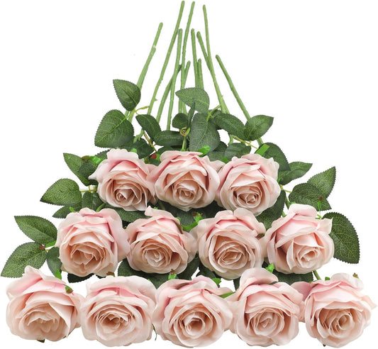 Tifuly Champagne Pink Roses Artificial Flowers - 12 Pcs Long Stem Silk Roses, Realistic Fake Roses with Stems for Bridal Bouquets, Home and Office DIY Decor