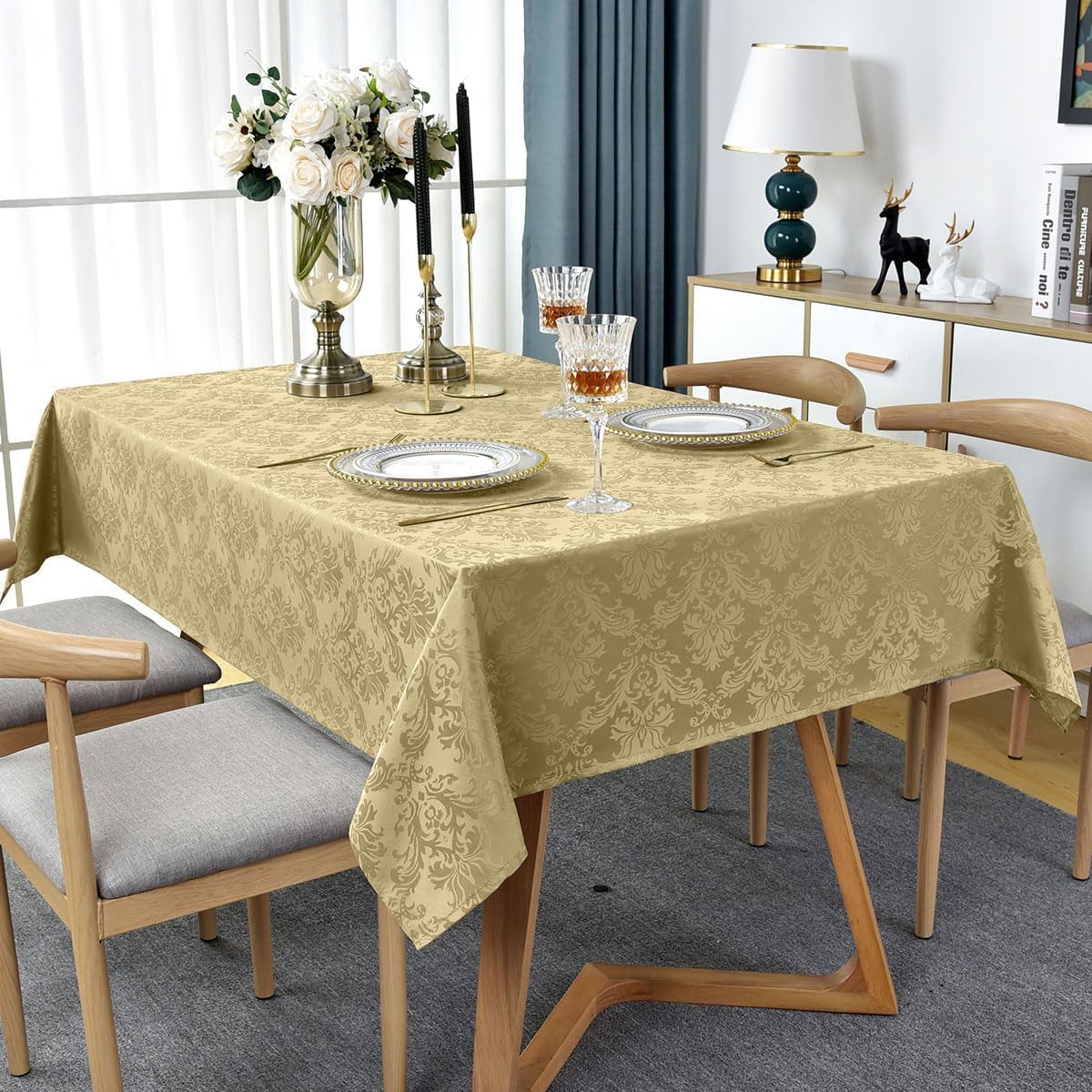 SASTYBALE Jacquard Tablecloth Rectangle 60 x 102 Inch, Waterproof Oil Proof Wrinkle Free Damask Table Cloth, Polyester Table Cover for Dining, Party, Indoor, Outdoor, Gold