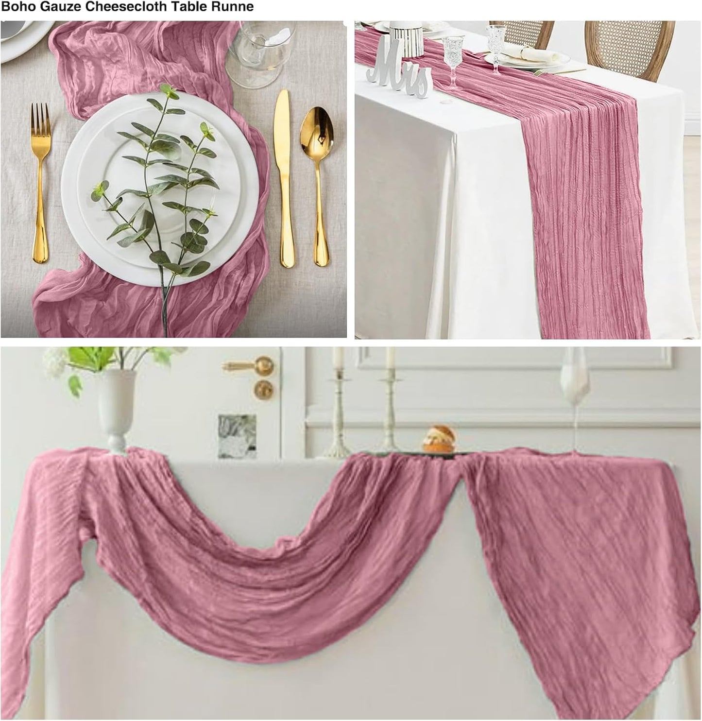 12 Pack Dusty Rose 10 Ft Cheesecloth Table Runner 20x120 Inch Boho Wrinkled Sheer Romantic Gauze Decor for Wedding, Bridal Shower, Birthday Party