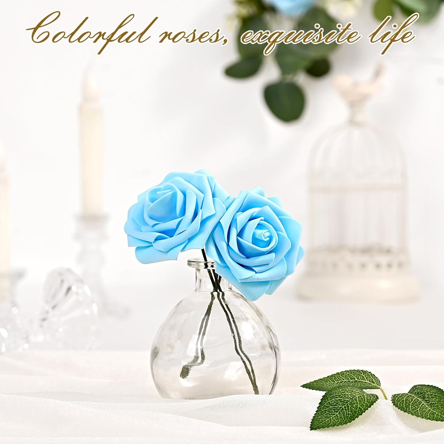 BLEUM CADE 36Pcs Artificial Flowers Fake Roses with Stems, Sky Blue Boxed Foam Roses for DIY Bouquets Centerpieces Wedding Party Arrangement Bridal Shower Decor