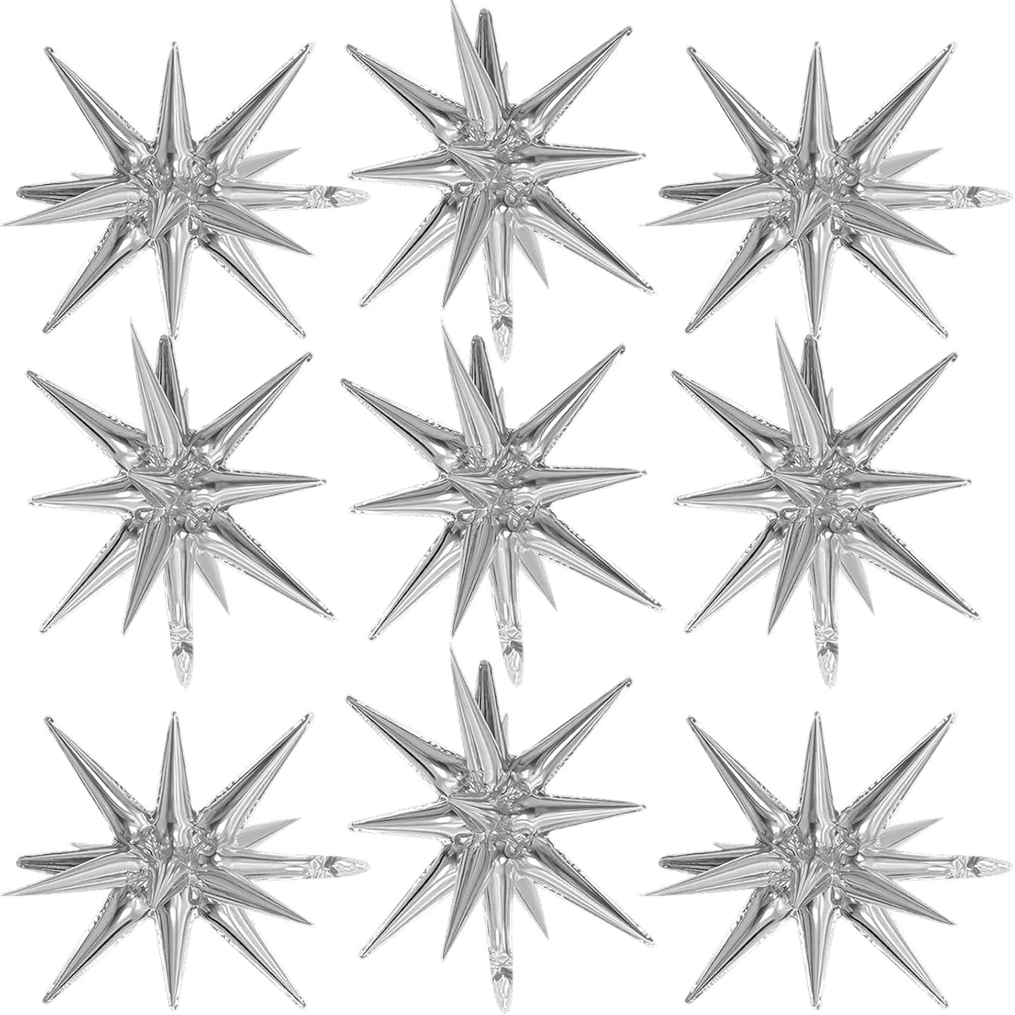 Silver Star Balloons,9Pcs 22Inch Silver Explosion Spike Cone Helium Polyester Film Star Foil Balloons for Birthday Anniversary Baby Shower Wedding New Year Disco Party Decorations