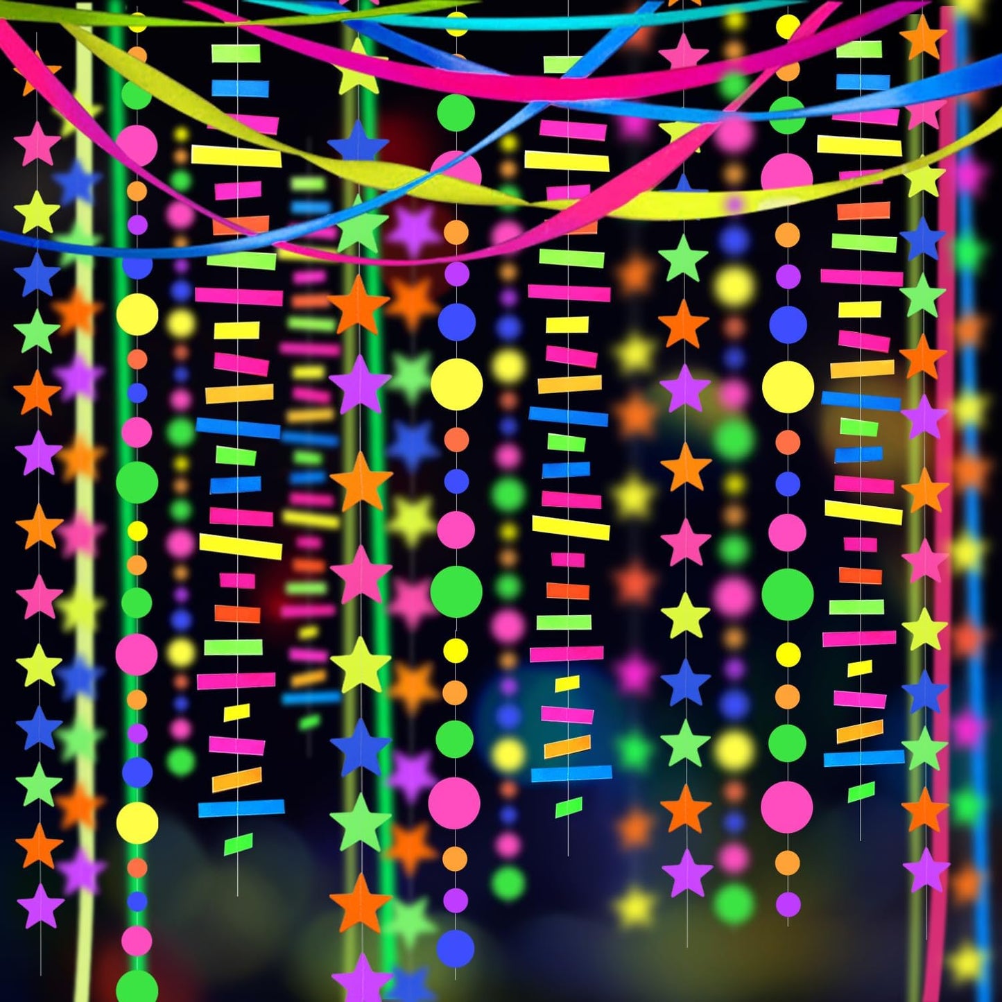 703feet UV Paper Neon Garland Neon Streamers Glow in The Dark Glow Party Supplies and Decorations Glow in The Dark Streamers Blacklight Reactive Fluorescent Black Light Neon Party Supply for Birthday