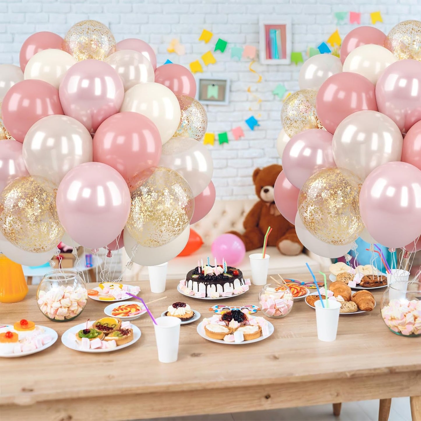 Pink and Gold Balloons, 50Pcs 12 Inch Retro Blush Pink Cream White Double Stuffed-pink Metallic Gold Confetti Boho Ballon for Birthday Bridal Shower Wedding Party Decorations