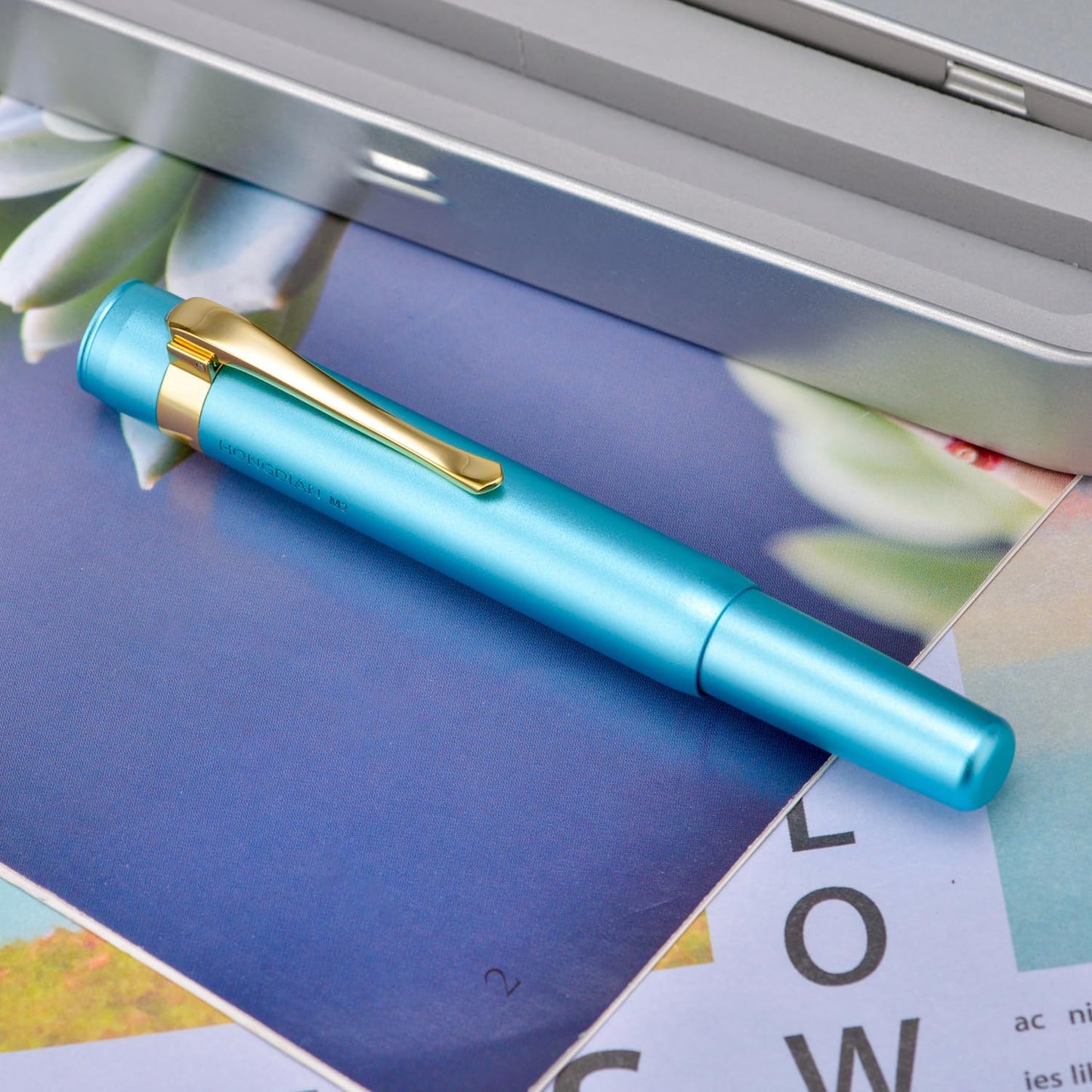 HONG DIAN M2 Black Forest Mini Fountain Pen, Fine Soft Nib & Sleek Shape Aluminium Short Pocket Travel Pen (Lake Blue)