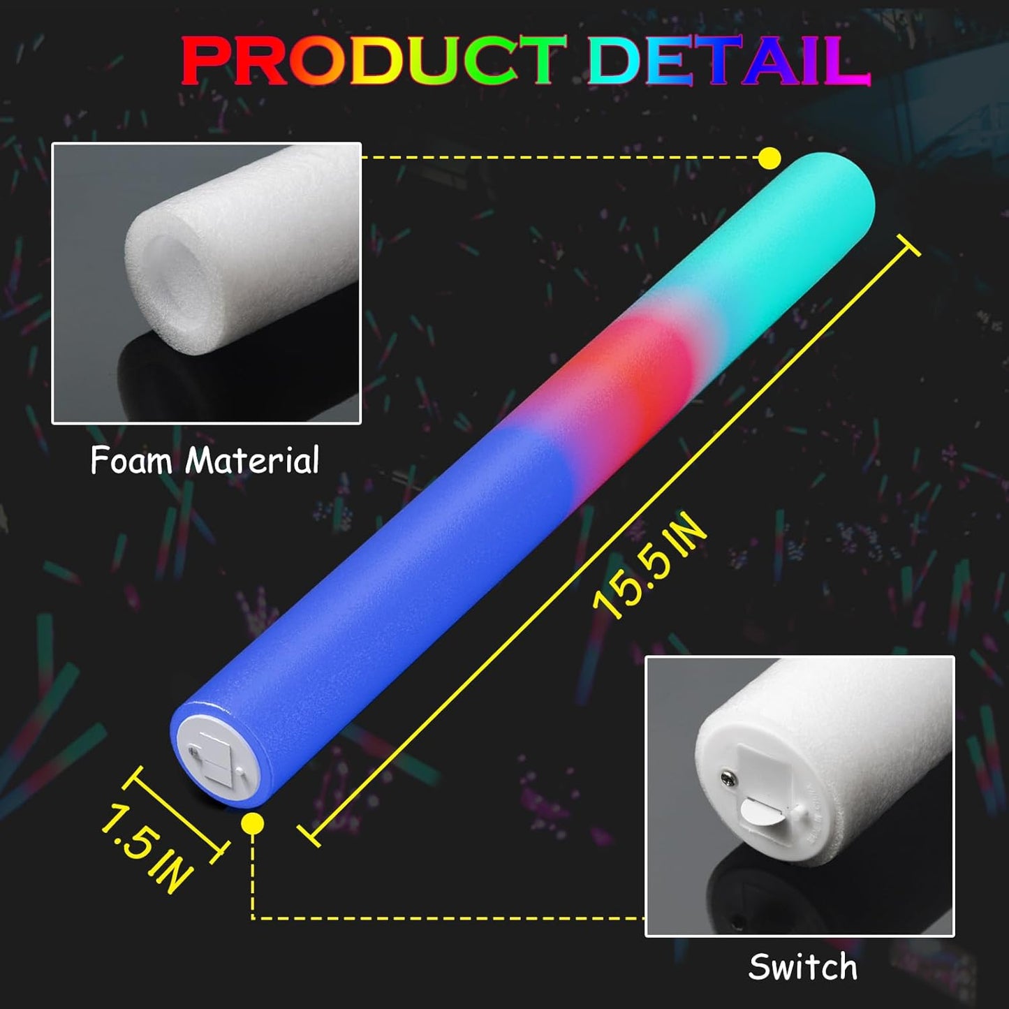 15 Pcs Foam Glow Sticks Bulk, LED Light Up Foam Sticks, Glow in the Dark Party Supplies for Adults, 3 Flash Modes, for Wedding Halloween Birthday Christmas Rave Party Favors