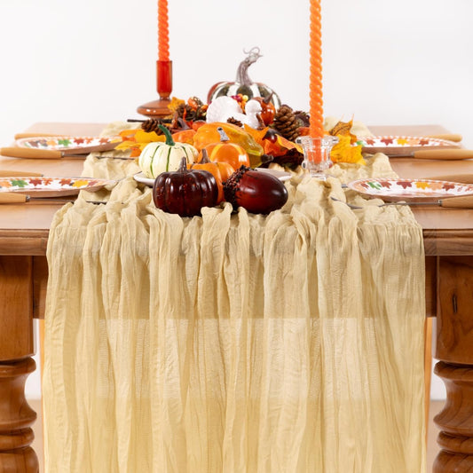 Champagne Gold Cheesecloth Table Runner Fall Table Runner Boho Gauze 120 Inches Champagne Cheese Cloth Fall Table Decorations for Thanksgiving Wedding Bridal Baby Shower Parties
