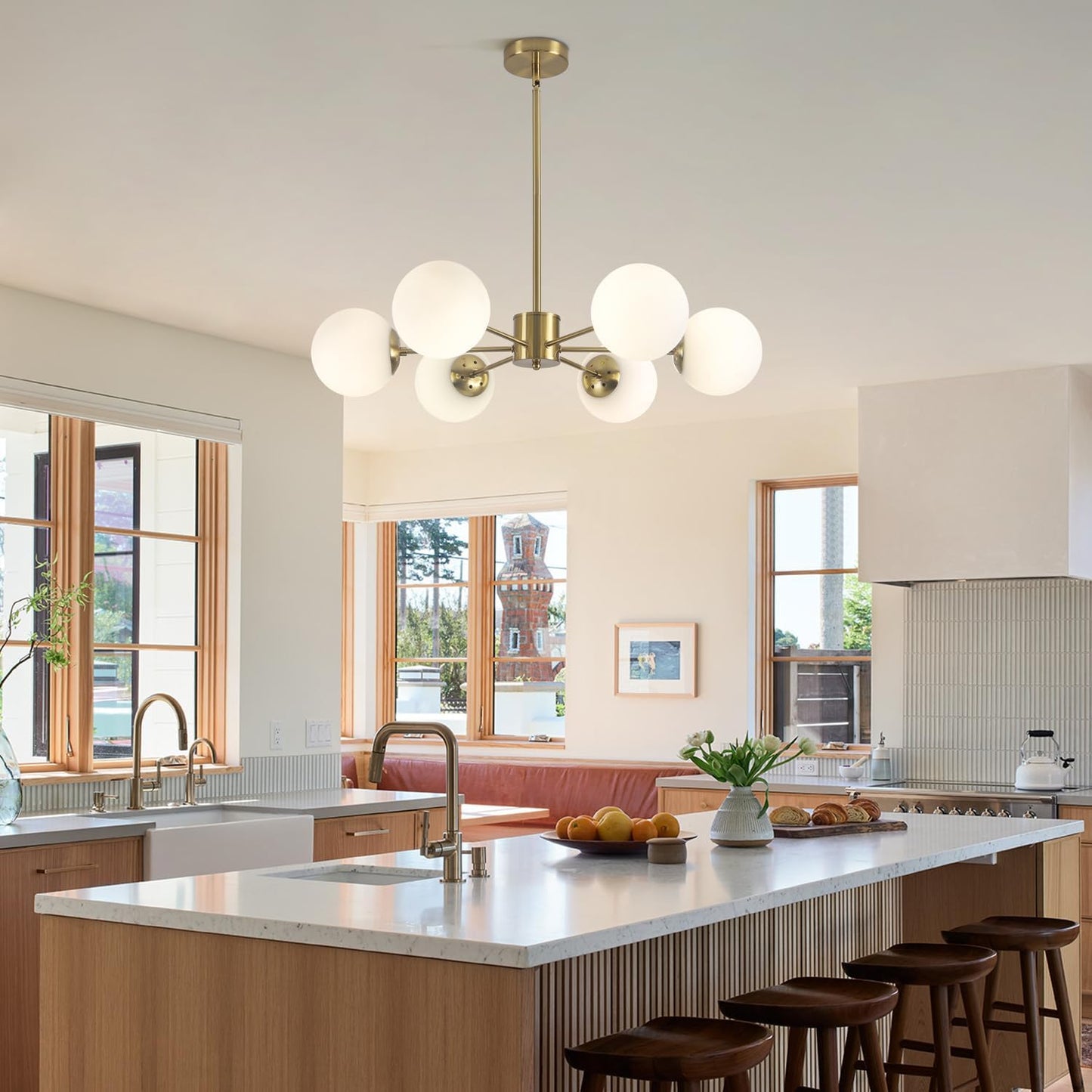 KCO 6-Light Globe Sputnik Chandelier Milk Glass Modern Gold Chandelier Light Fixture Mid Century Sputnik Chandeliers Pendant Lighting Brushed Brass Chandelier (Gold+White)