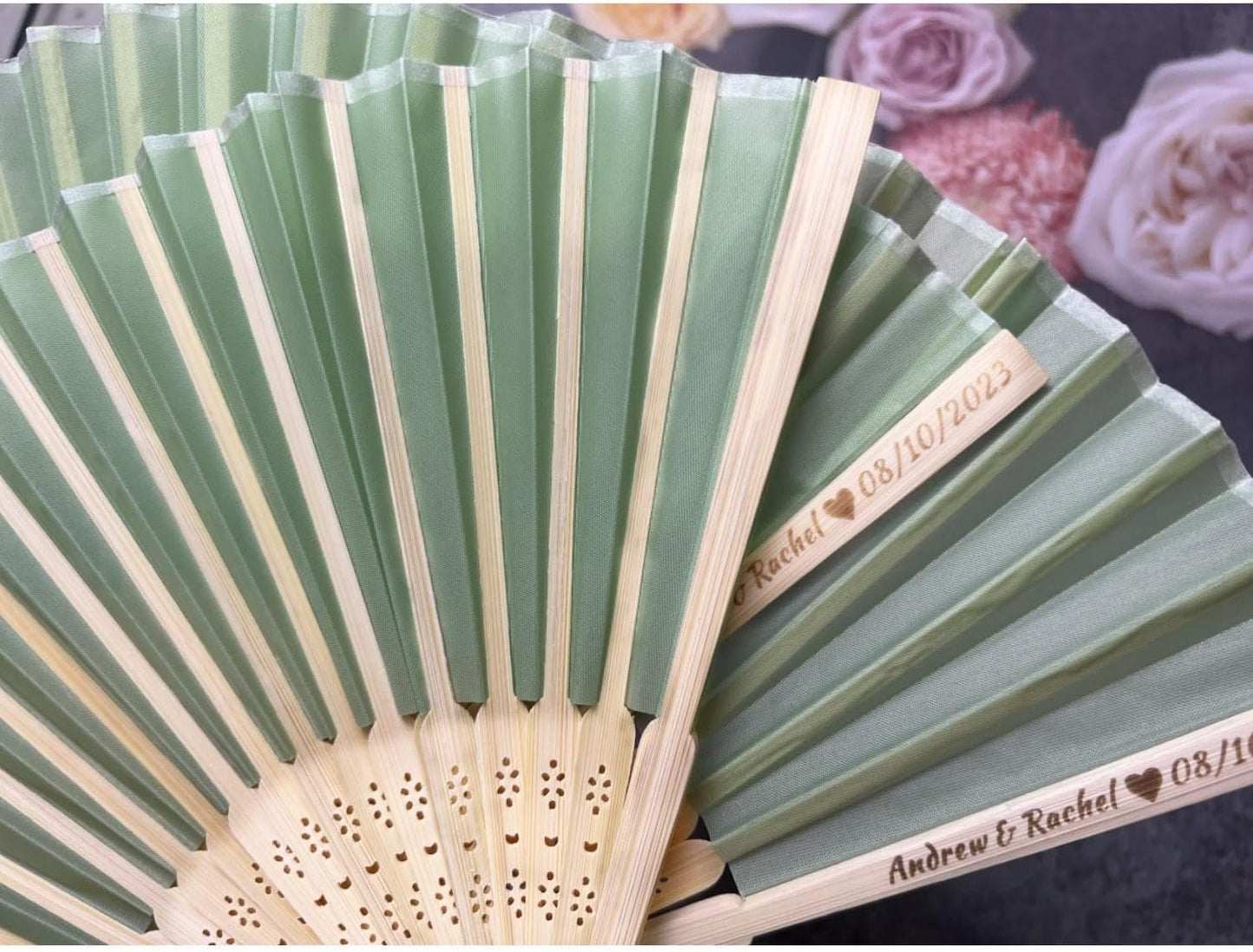 Personalized Wedding Fans Handheld Folding Fans (60Pcs) - Custom Engraved Green Silk Fans for Bridal Shower Favor/Baby Shower Favor, Birthdays Party Gifts/Gifts for Party Guests