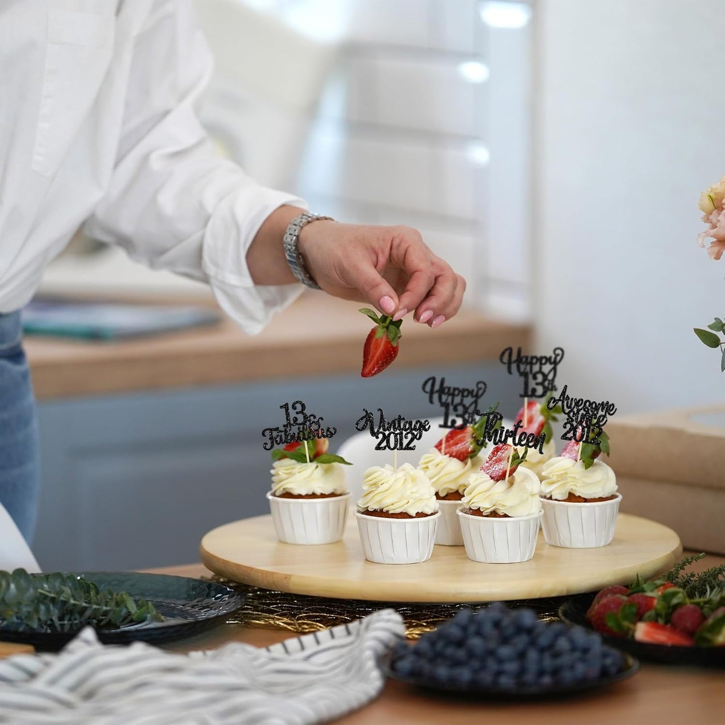 30Pcs Happy 13th Birthday Cupcake Toppers Glitter Thirteen Vintage 2012 Cupcake Picks Cheers to 13 Fabulous Cake Decorations for 13th Birthday Wedding Anniversary Party Supplies Black