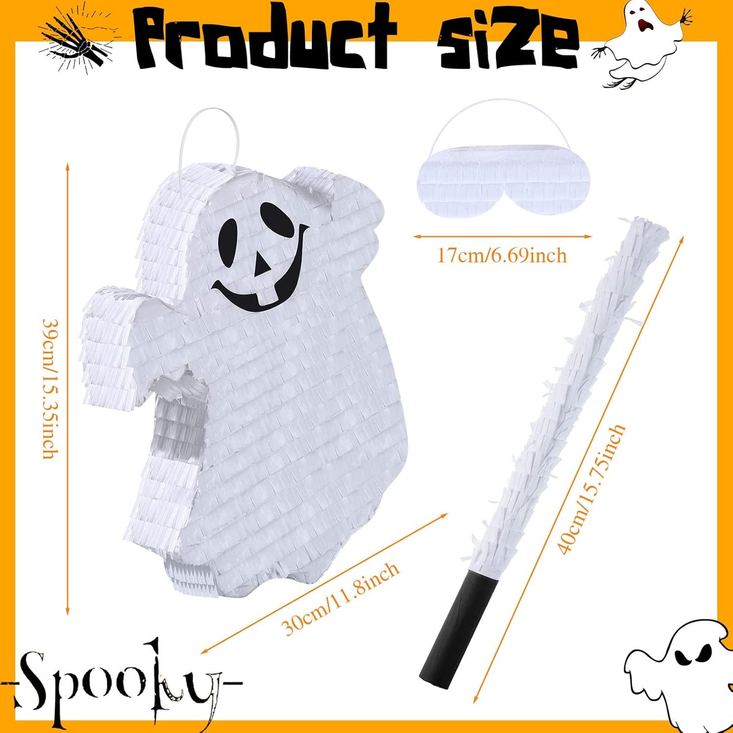 Aoriher Halloween Ghost Piñata Spooky White Ghost Piñata with Stick and Blindfold Halloween Hanging Decoration Mexican Piñata for Birthday Game Halloween Party Supplies