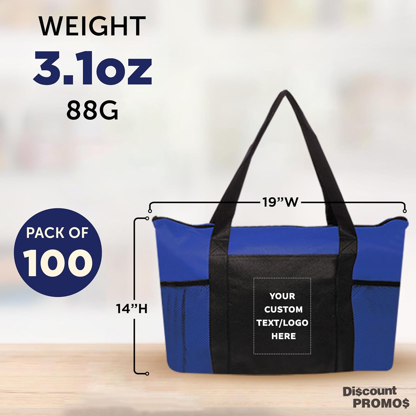 DISCOUNT PROMOS 100 Zippered Non-Woven Tote Bags Set - Customizable Text, Logo - Mesh Pocket, Zippered, Recyclable, Reusable - Blue - 19"X14"X3", with Zipper