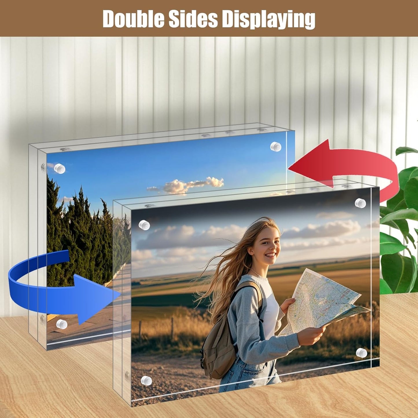 Egofine 8x8 Acrylic Frame 4 Pack, 20mm Thicker Frameless Clear Picture Frame, Double Sided Magnetic Picture Frame, Free Standing Desktop Display