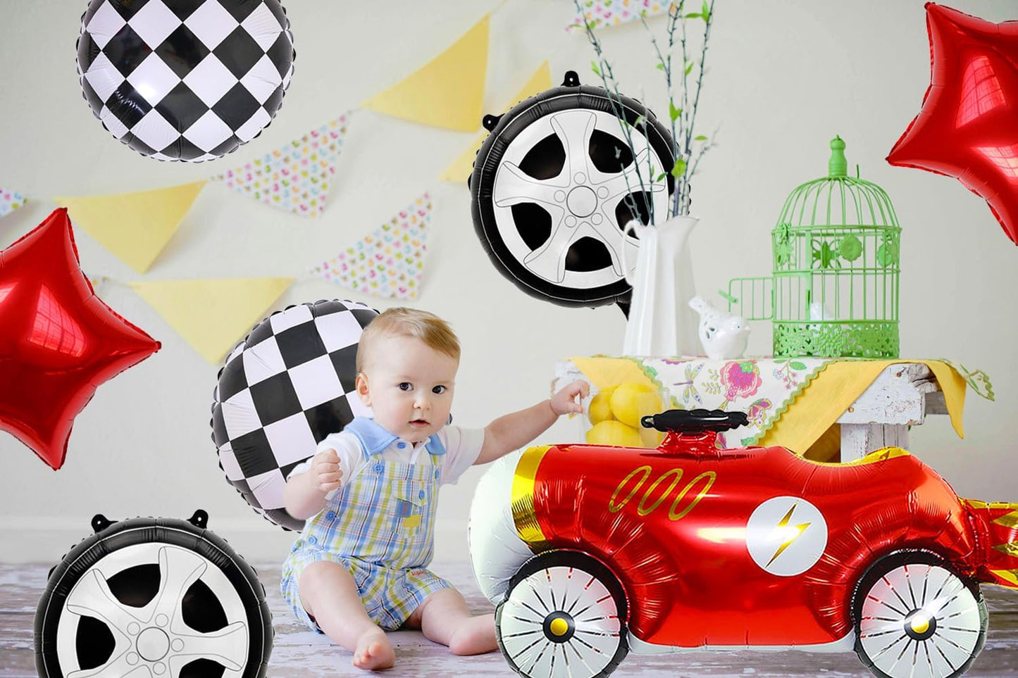 7 Pcs Vintage Race Car Balloon Set,Black and White Checkered Car Wheel Red Star Foil Helium Balloon,Racing Theme Birthday Party Baby Shower Decorations Supplies