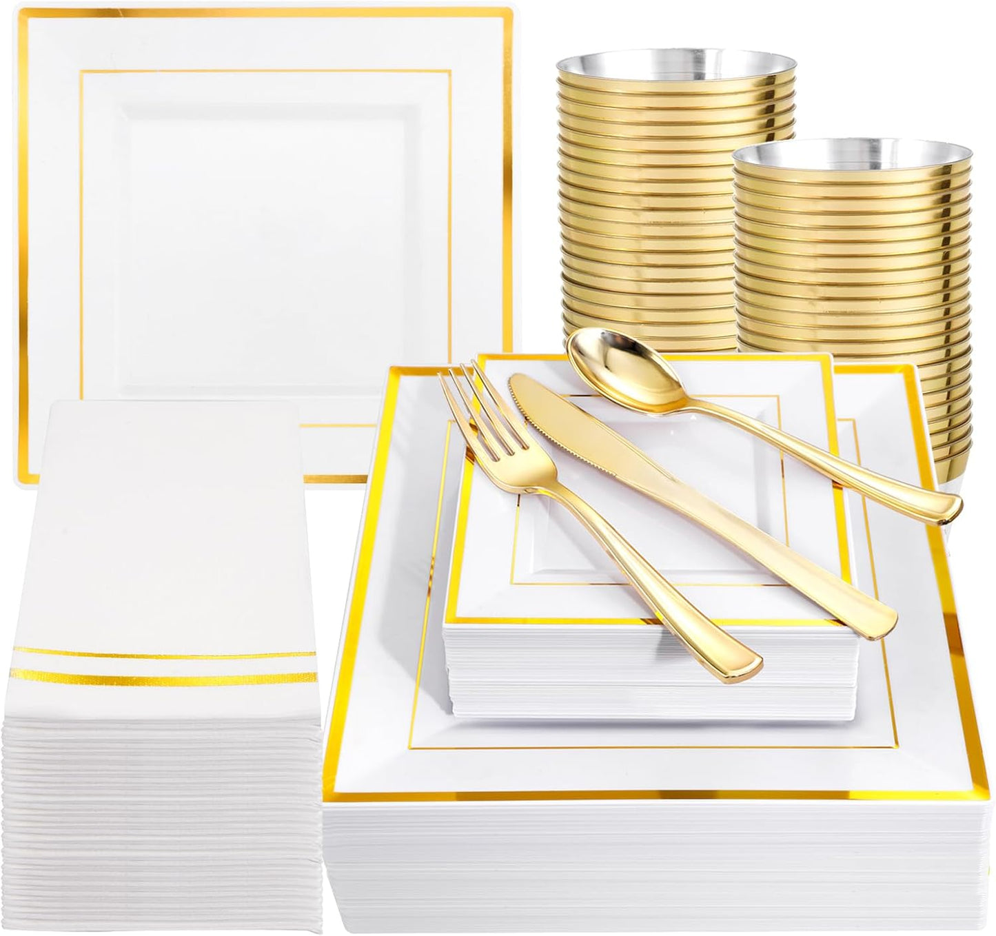 Festiva 350Pcs Gold Plastic Plates - Disposable Square Gold Plates Dinnerware set include 9.5"/6" Plates,Cups,Plastic Cutlery,Hand Napkins Perfect for 50 guests Party&Wedding&Birthday