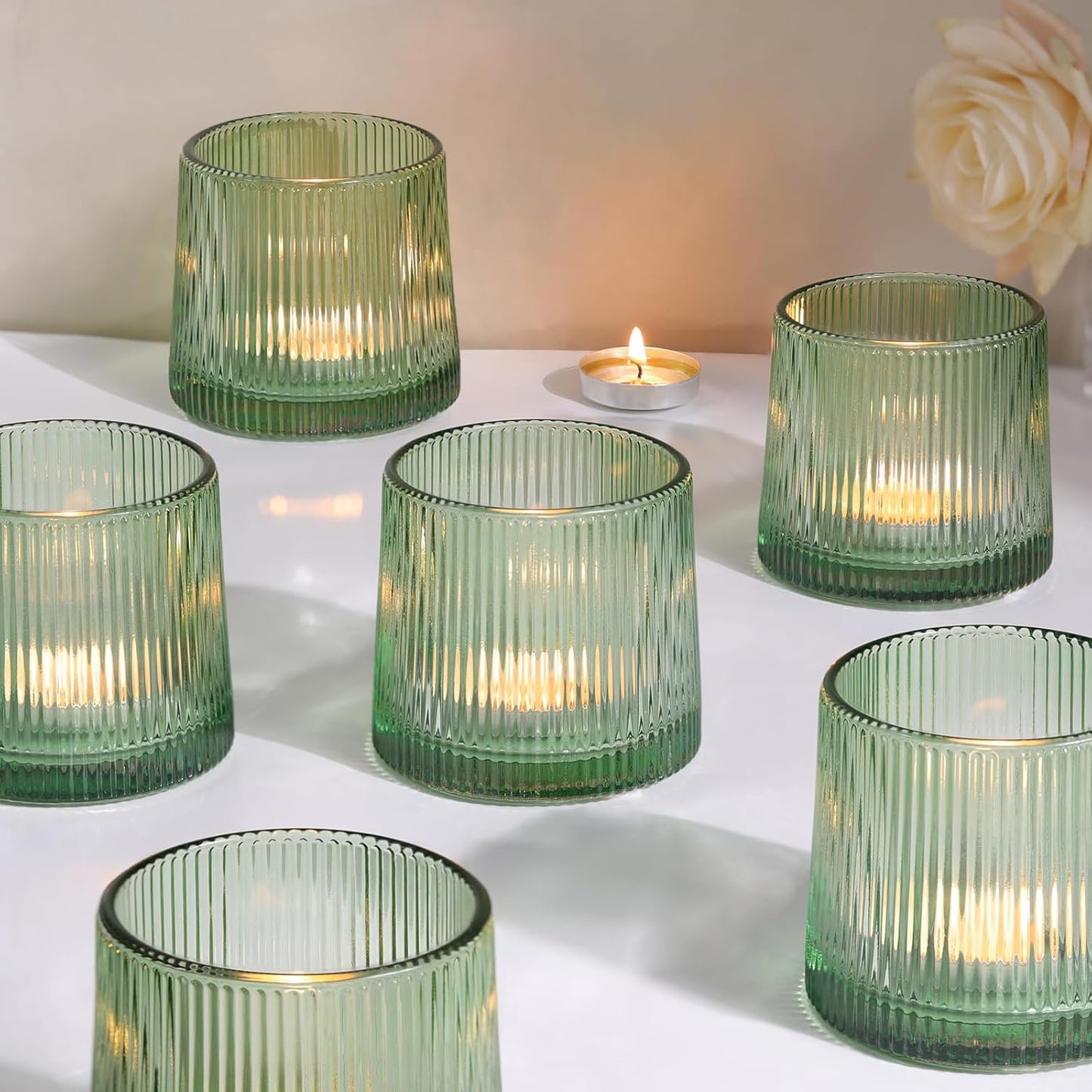 DARJEN Green Ribbed Tealight Votive Candle Holders- 6Pack Glass Candle Holders for Table Centerpiece, Wedding Decor, Home Decor, Party Dinner