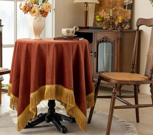 F-CHU Luxury Burnt Orange Tablecloth Thickset Velvet Tablecloth with Beautiful Gold Tassels Table Cloth for Home Decor Wedding, Party, Banquet and Events 60x60-Inch