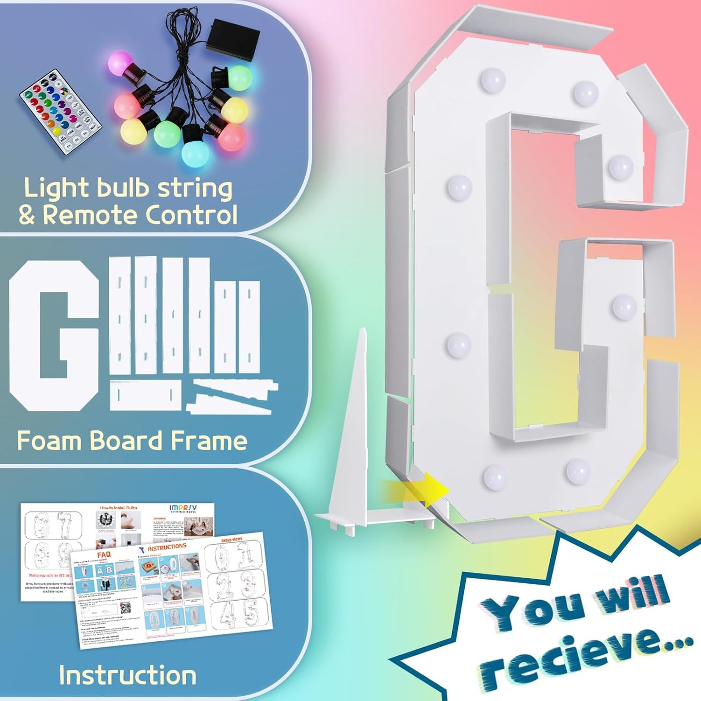 imprsv 3FT Colorful Marquee Light Up Letters G, 18 Colors Large Light up Letters Alphabet Sign with Remote, Big Marry Me Sign, Birthday Party Decorations Baby Shower Anniversary Wedding Decoration