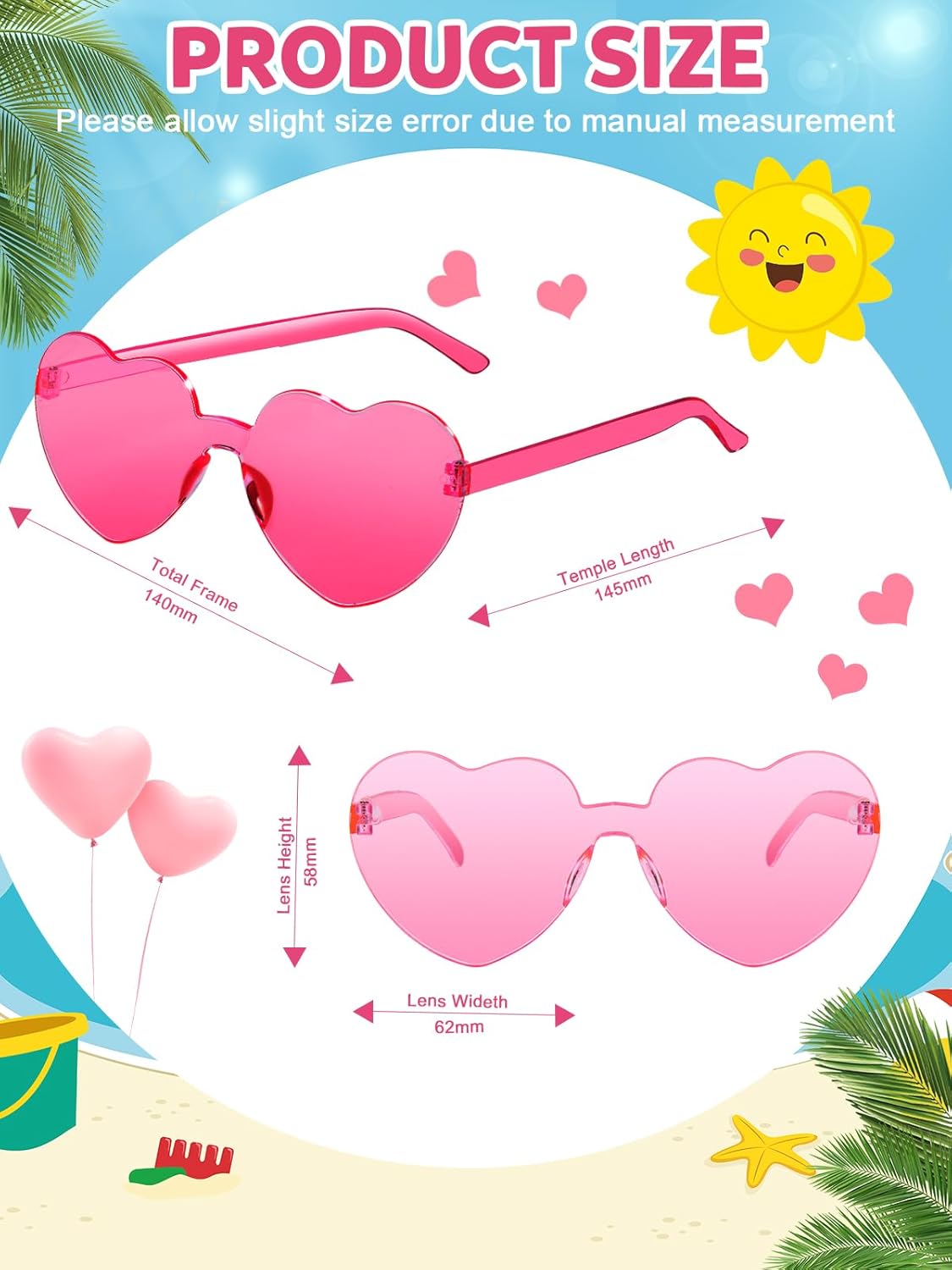 12 Pairs Heart Shaped Sunglasses for Women Kids Girls Colorful Glasses Fun Trendy Transparent Heart Sunglasses Party Favor (2 Pairs-Pink&Rose)