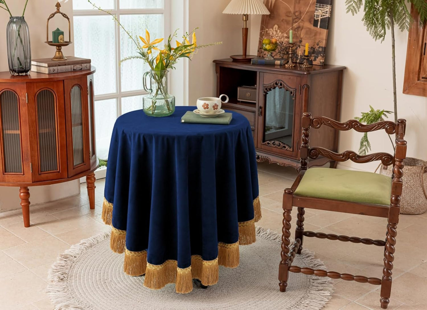 F-CHU Blue Tablecloth Thickset Velvet Tablecloth with Beautiful Gold Tassels Vintage Table Cloth for Home Decor Wedding, Party, Banquet and Events 60" Round