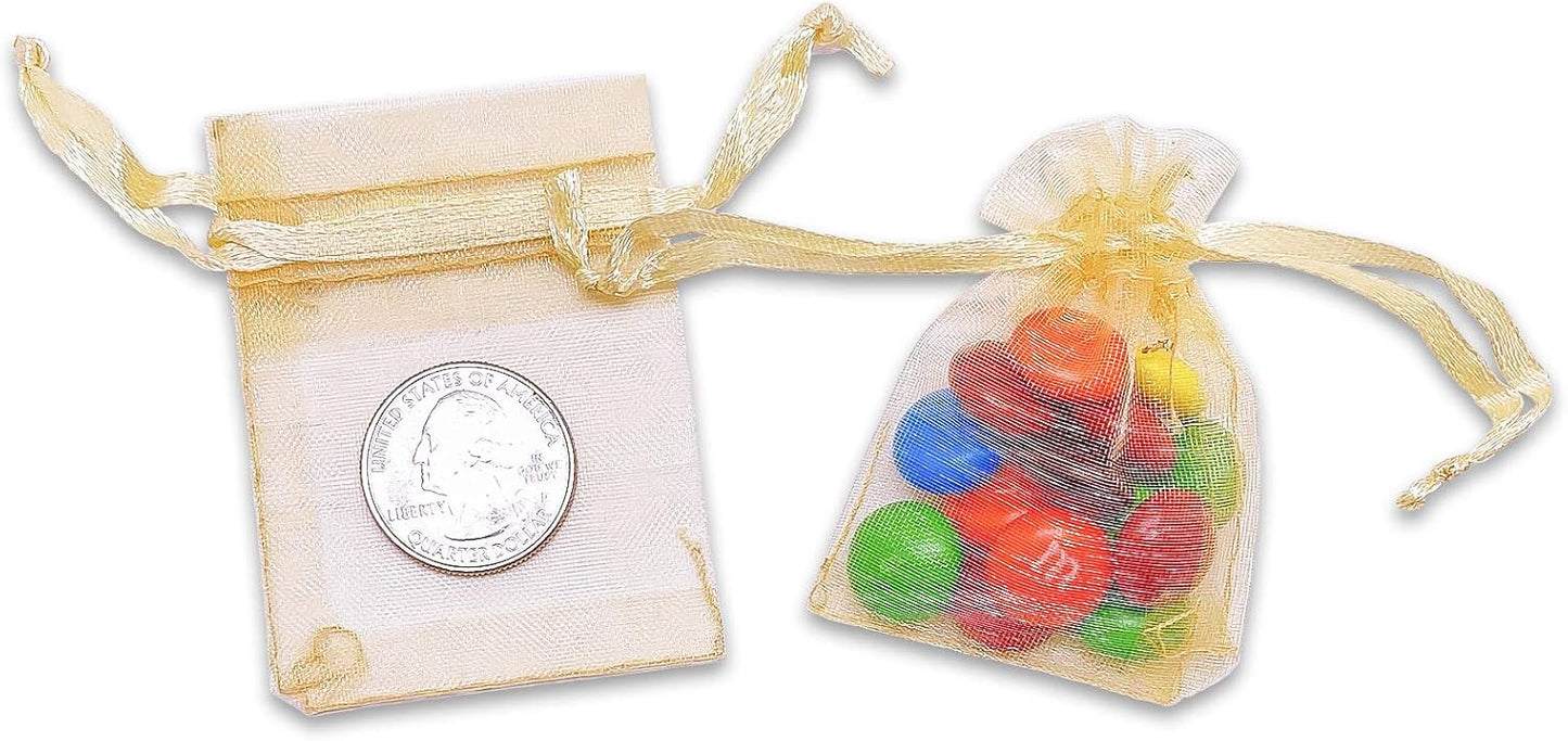 TheDisplayGuys 100-Pack XS 2 x 2 3/4" Gold Sheer Organza Gift Bags with Drawstring, Jewelry Candy Treat Wedding Party Favors Mesh Pouch