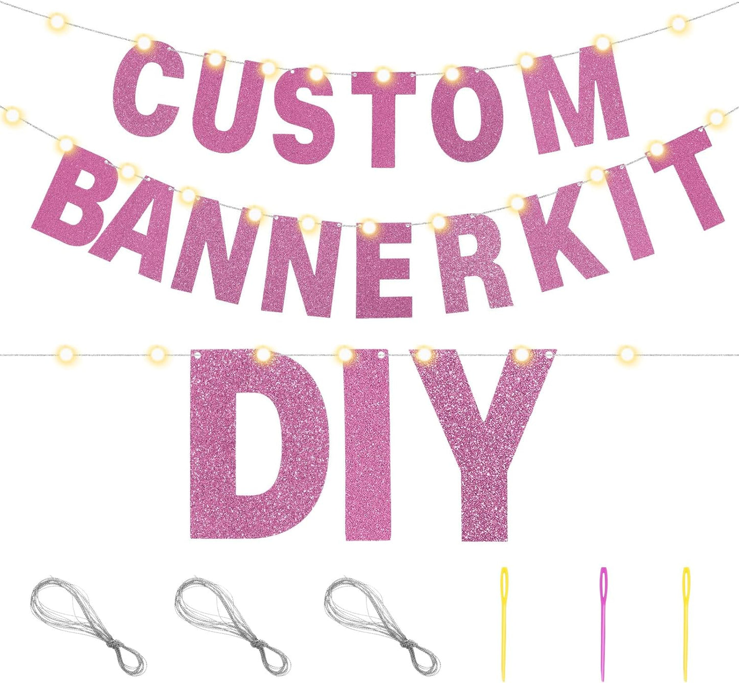 TaoBary 112 Pcs DIY Letter Custom Banner Glitter Customizable Banner Kit Including 107 Letters and Numbers 3 Rope for Valentine Birthday Party(Pink)