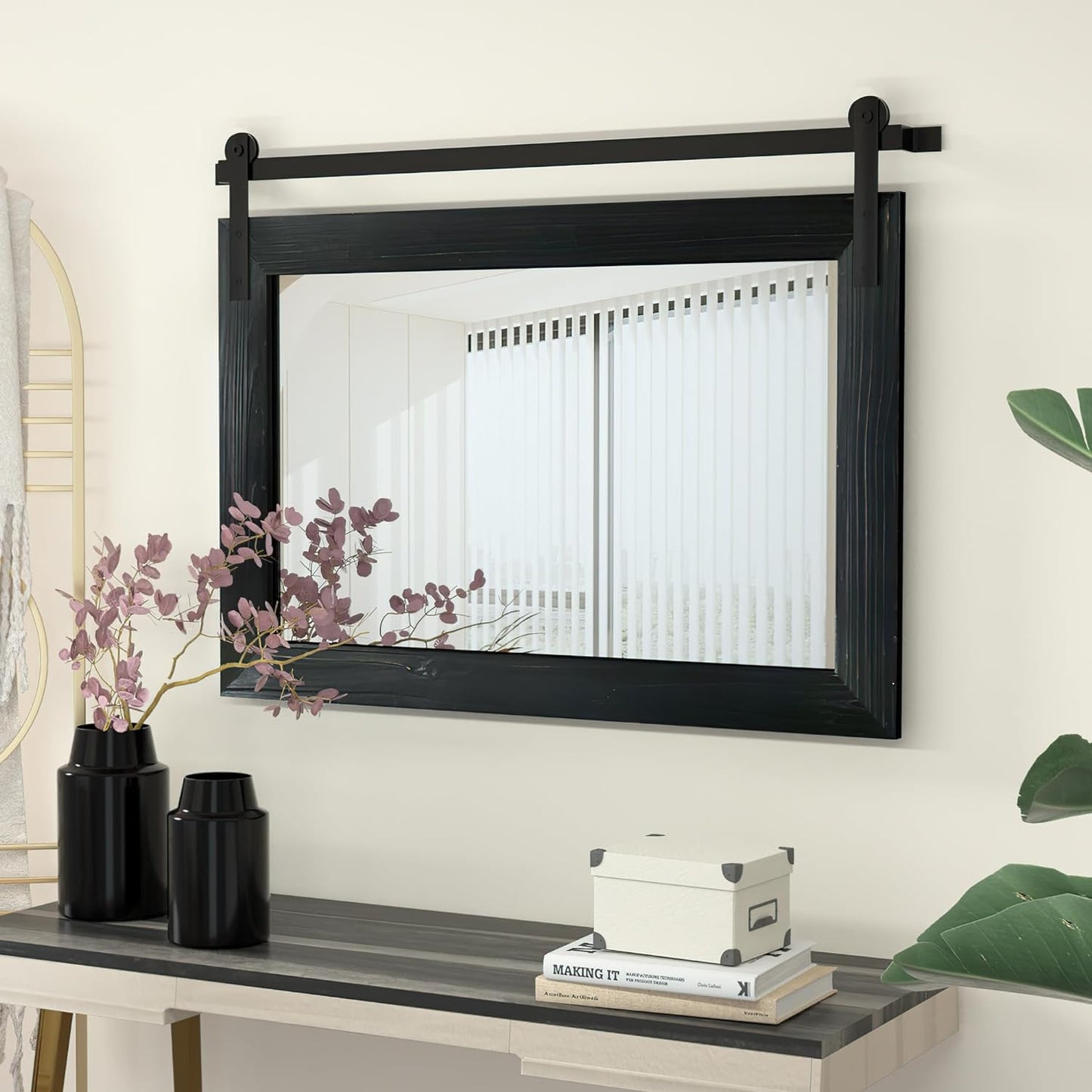 COGOOD Farmhouse Barn Door Mirror - 41" x 26" Rustic Wood Framed Wall Mirror for Bathroom, Living Room, Entryway Wall Decor (Black)