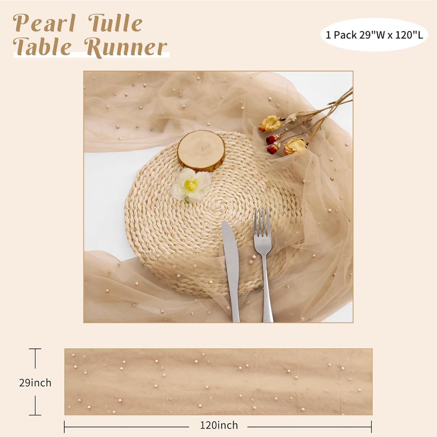 Pearl Table Runner 29 x 120 Inch Tulle Fabric Lace Table Runners Boho Rustic Tablecloth for Bridal Shower Birthday Party Wedding Arch Aisle Veil Dessert Table Decor(1 Pack, Nude)