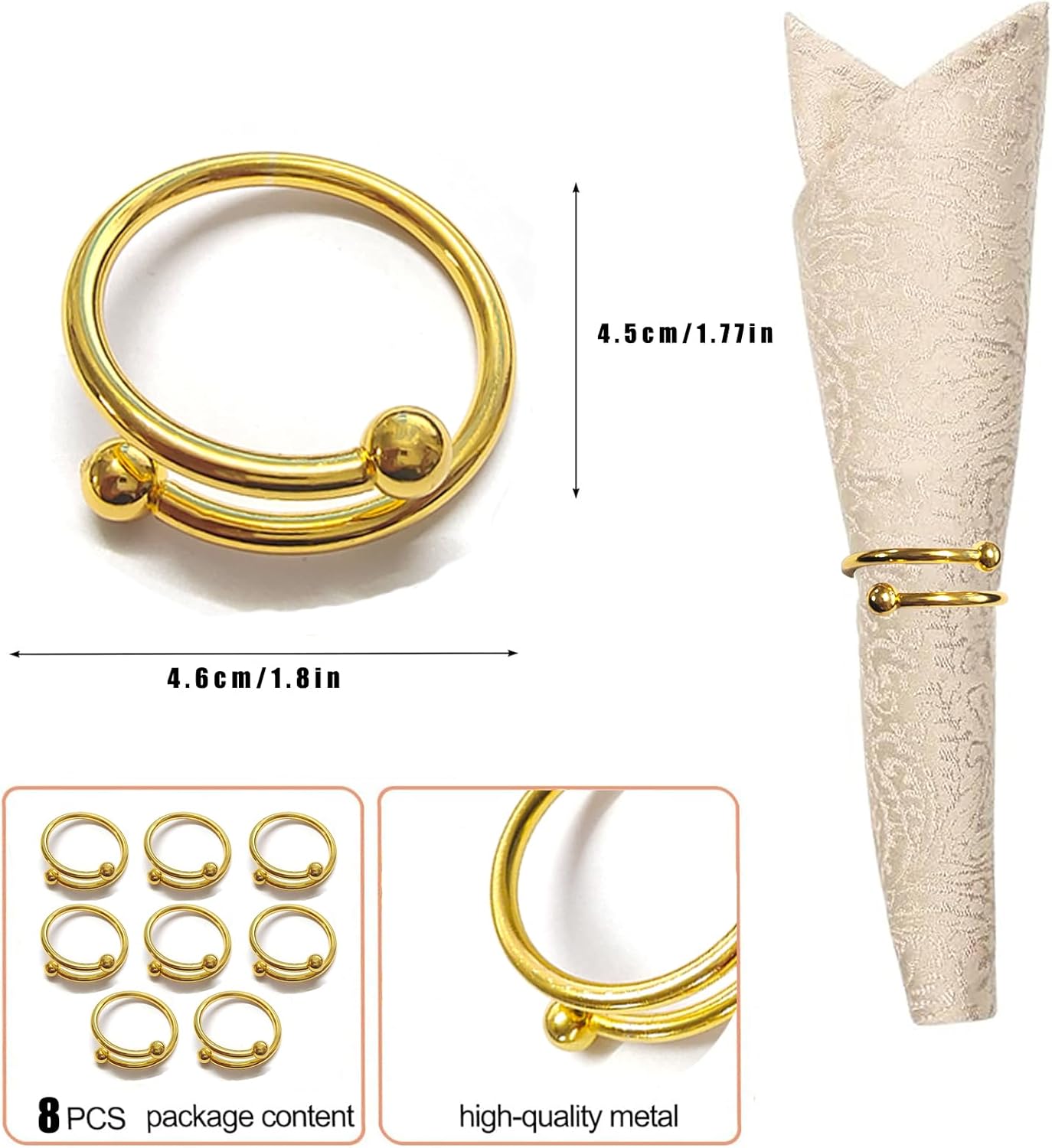 8 Pcs Gold Napkin Rings - Round Napkin Ring,Stainless Steel Napkin Rings,Metal Napkin Ring for Table Settings Wedding Christmas Party Dinner Table(Spring Type)