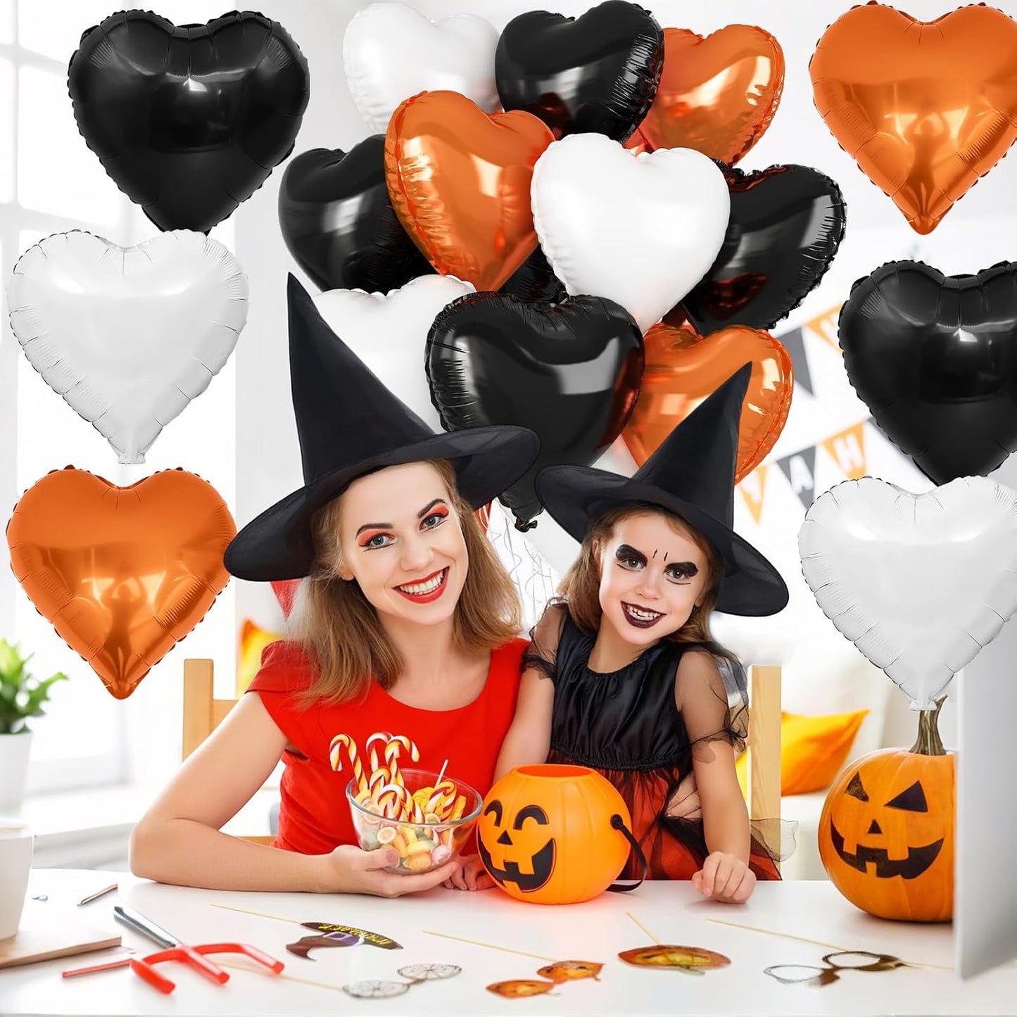 Black Orange Heart Balloons, 18 Inch Black White Orange Heart Foil Shape Balloon, 12PCS Large Love Helium Balloons for Birthday Graduation Halloween Thanksgiving Day Graduation Party Decorations